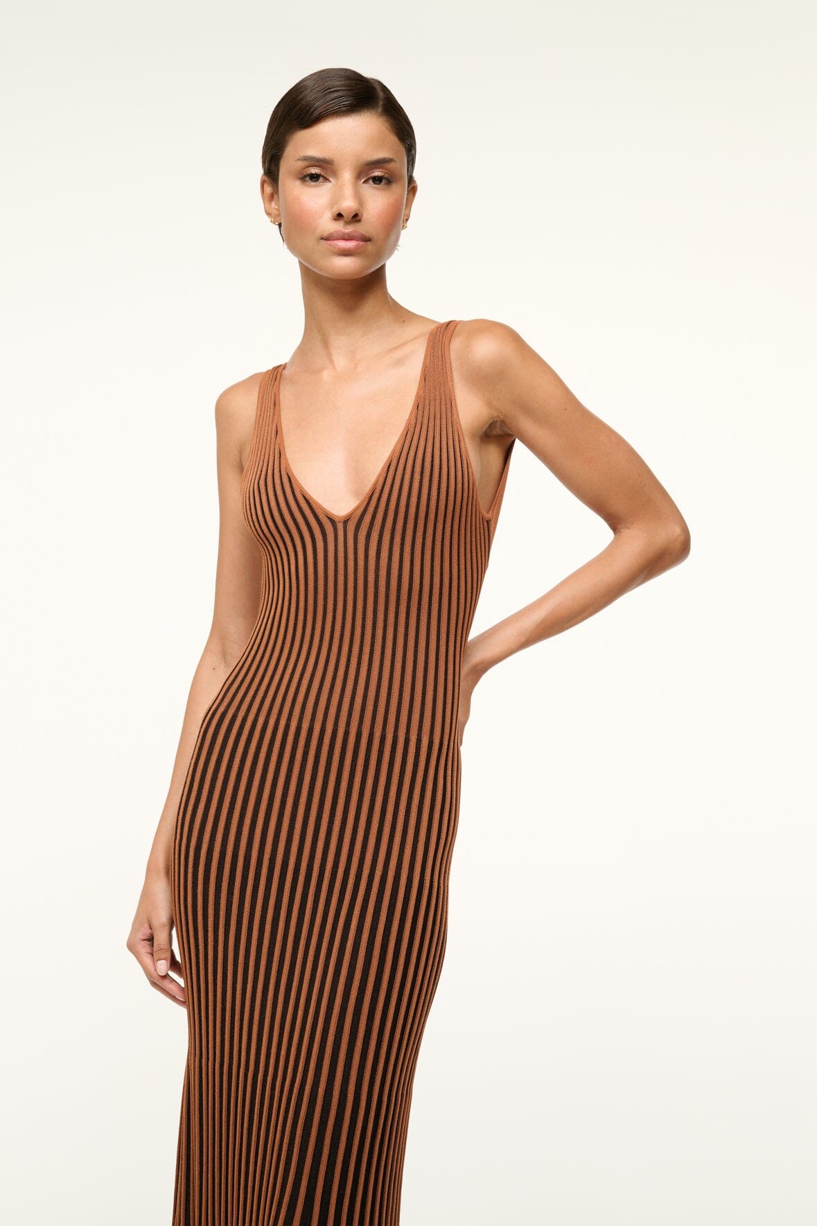 Claretta Sleeveless Maxi Dress - V Neck Pleated Rib Knit in Tan & Black