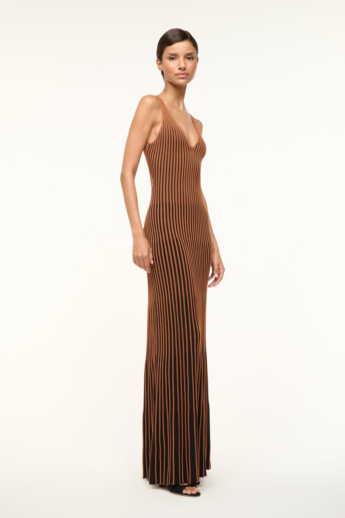 Claretta Sleeveless Maxi Dress - V Neck Pleated Rib Knit in Tan & Black