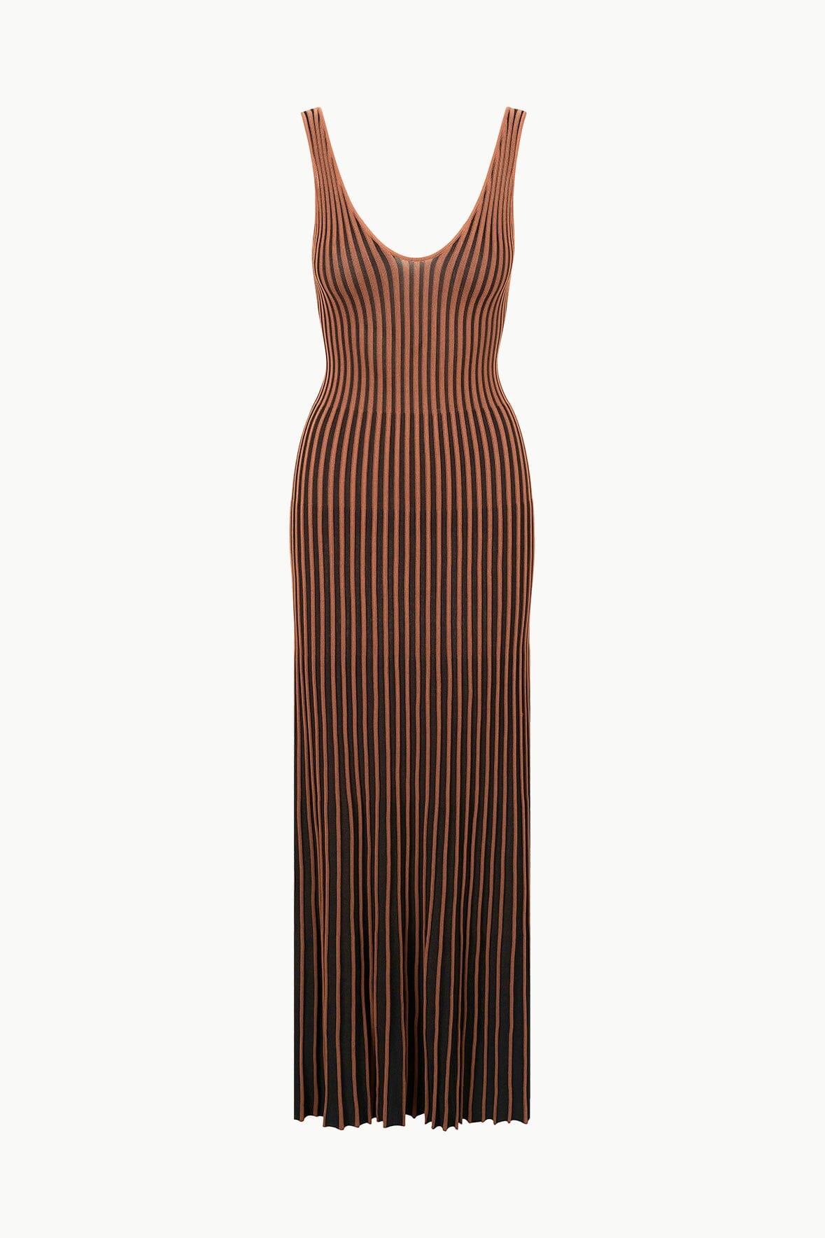 Claretta Sleeveless Maxi Dress - V Neck Pleated Rib Knit in Tan & Black
