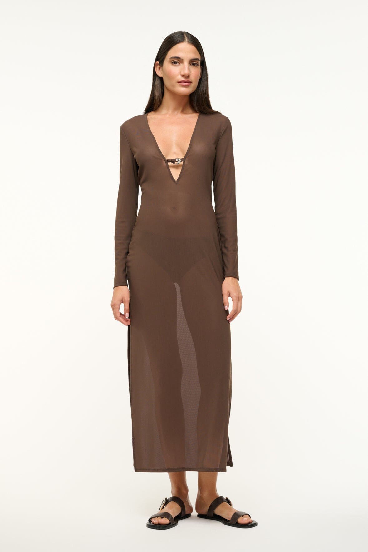 Cleo Power Mesh V-Neck Swim Cover-Up Dress in Dark Chocolate