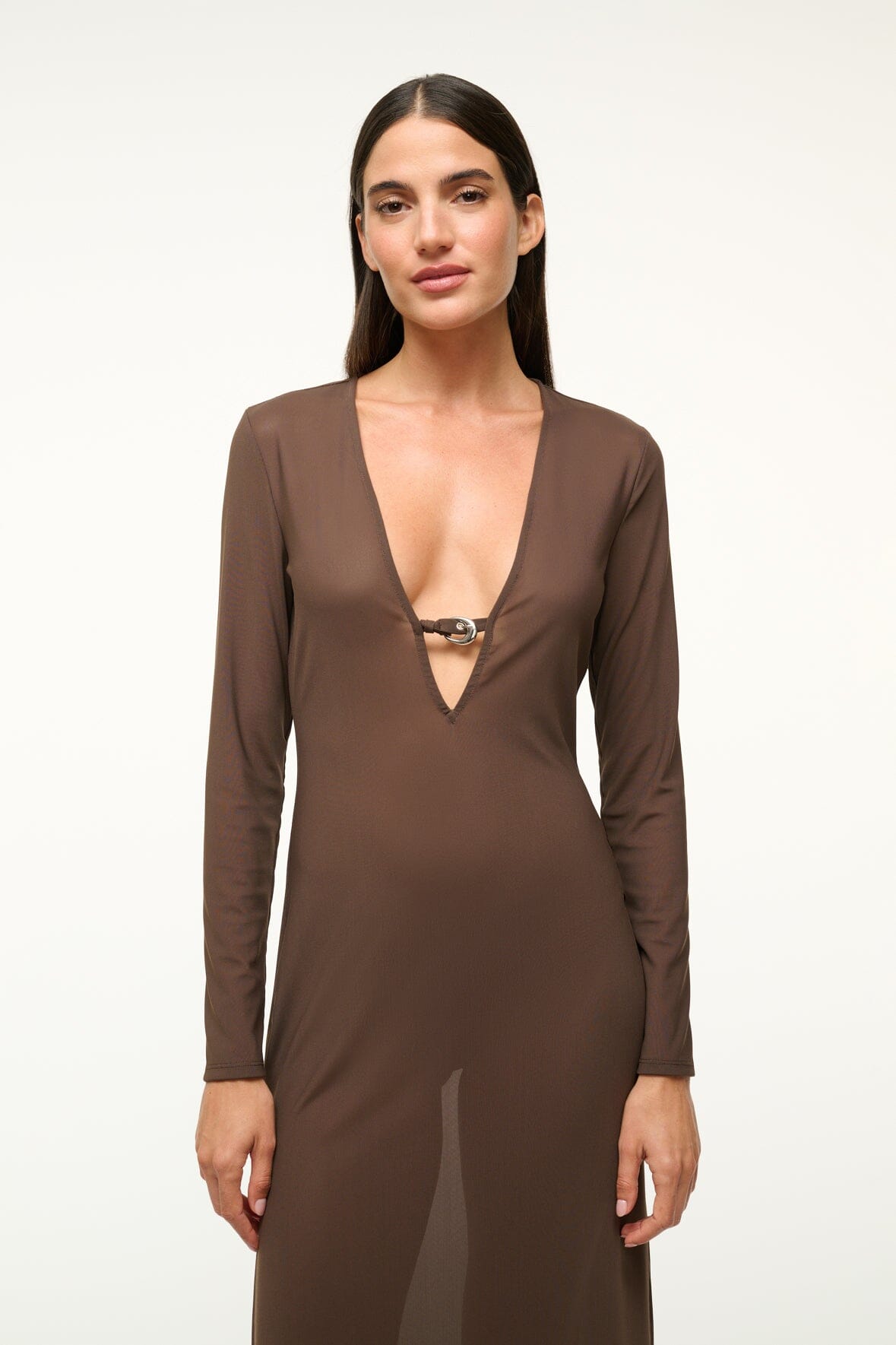 Cleo Power Mesh V-Neck Swim Cover-Up Dress in Dark Chocolate