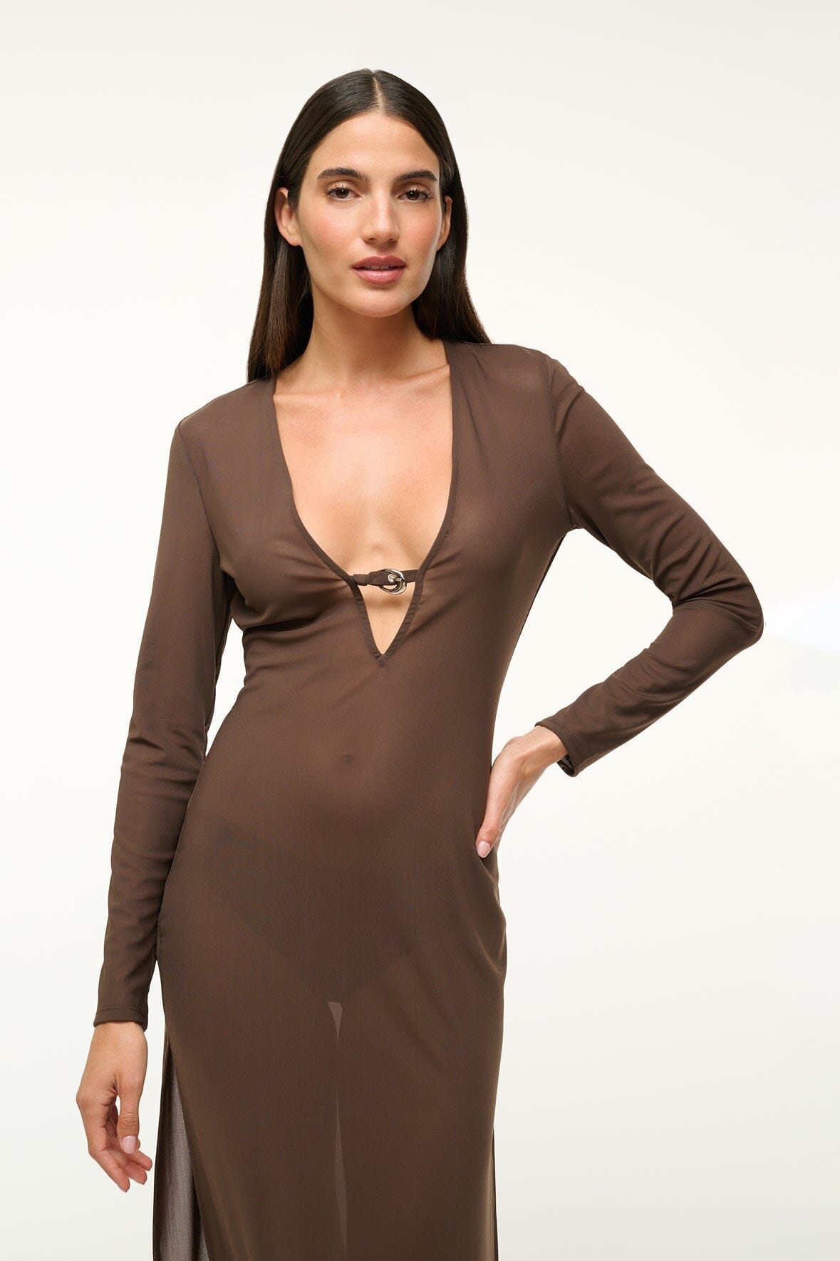 Cleo Power Mesh V-Neck Swim Cover-Up Dress in Dark Chocolate