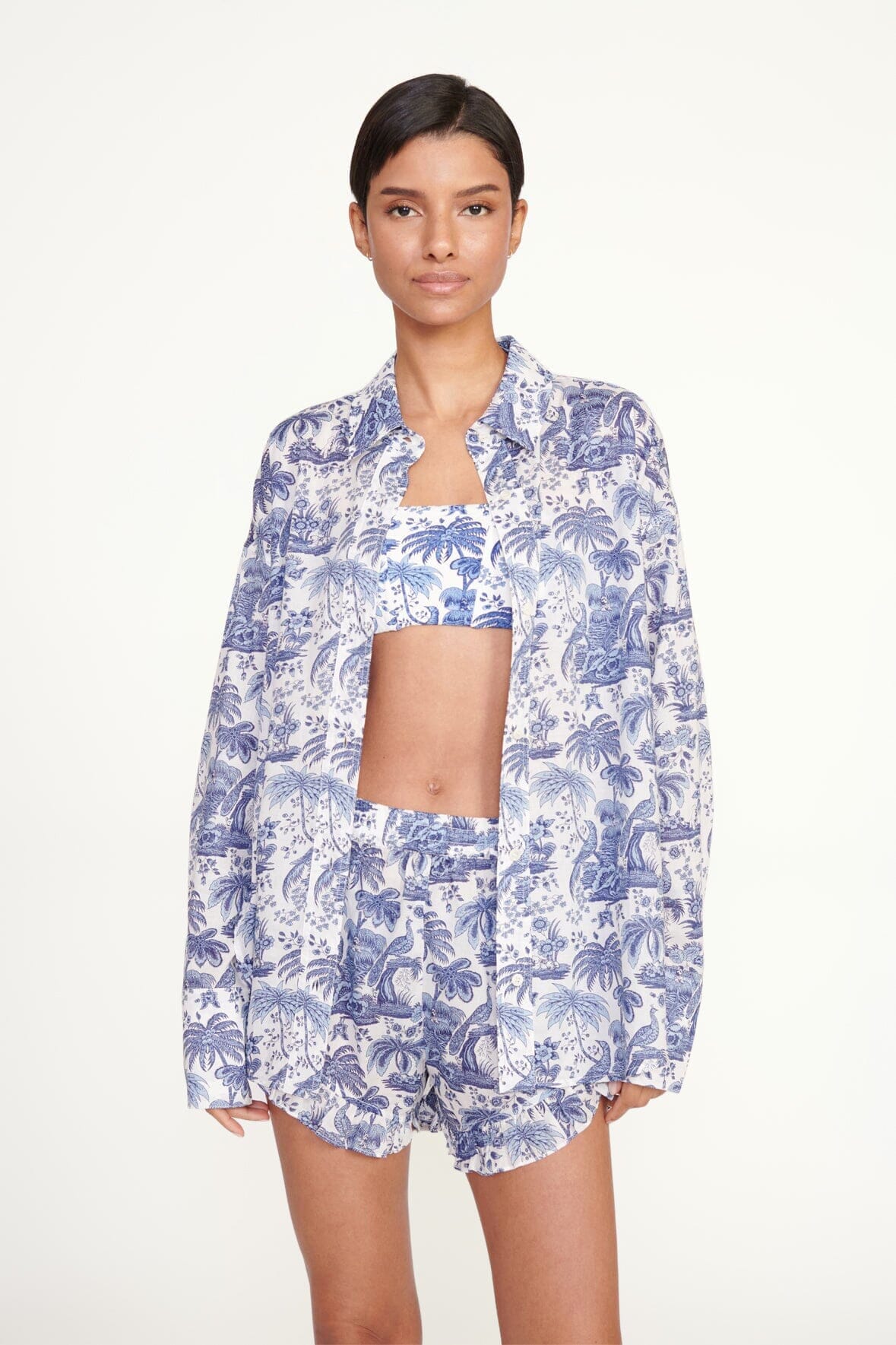 Colton Oversized Cotton Voile Shirt in Blue Toile Print
