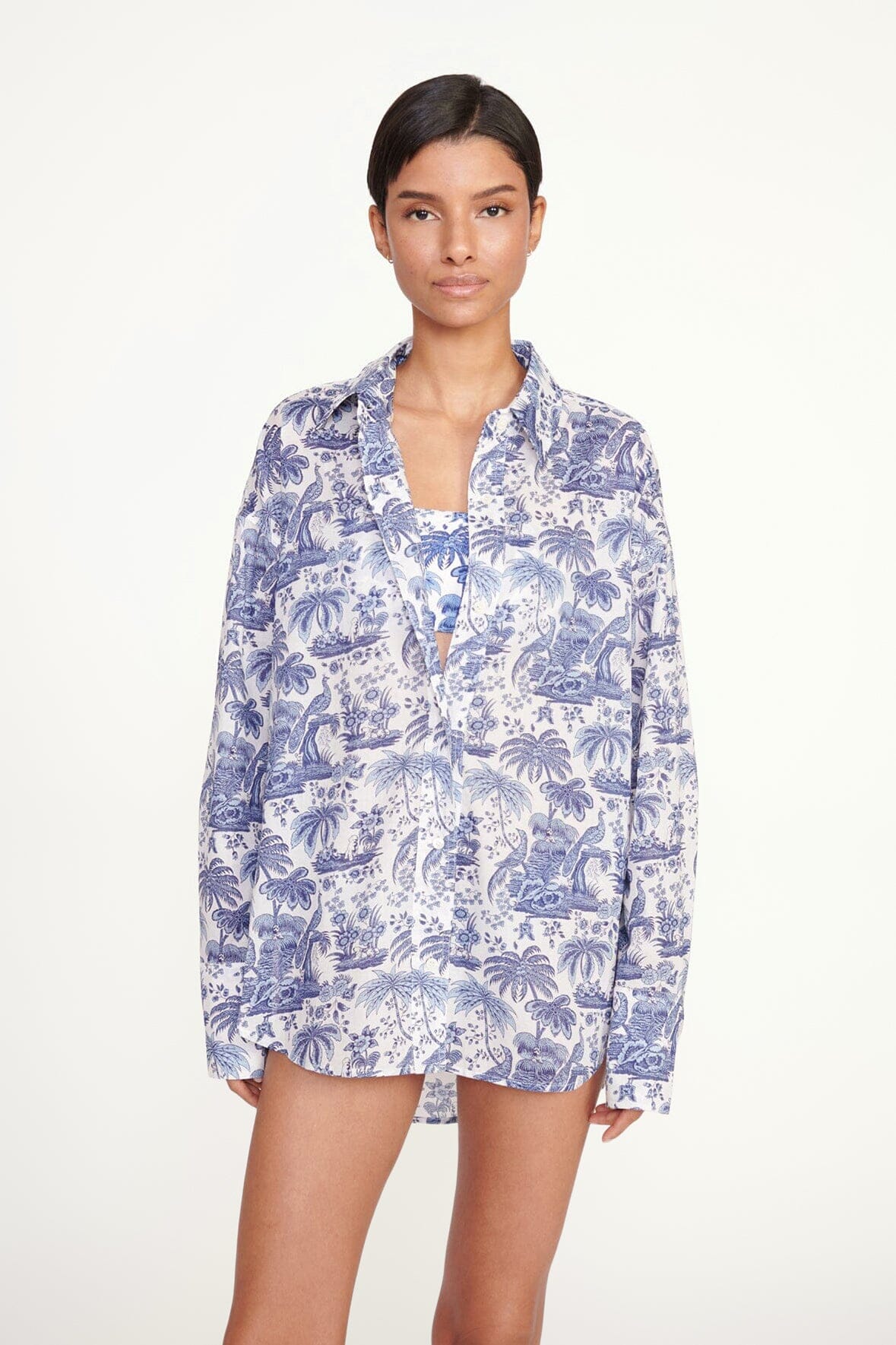 Colton Oversized Cotton Voile Shirt in Blue Toile Print