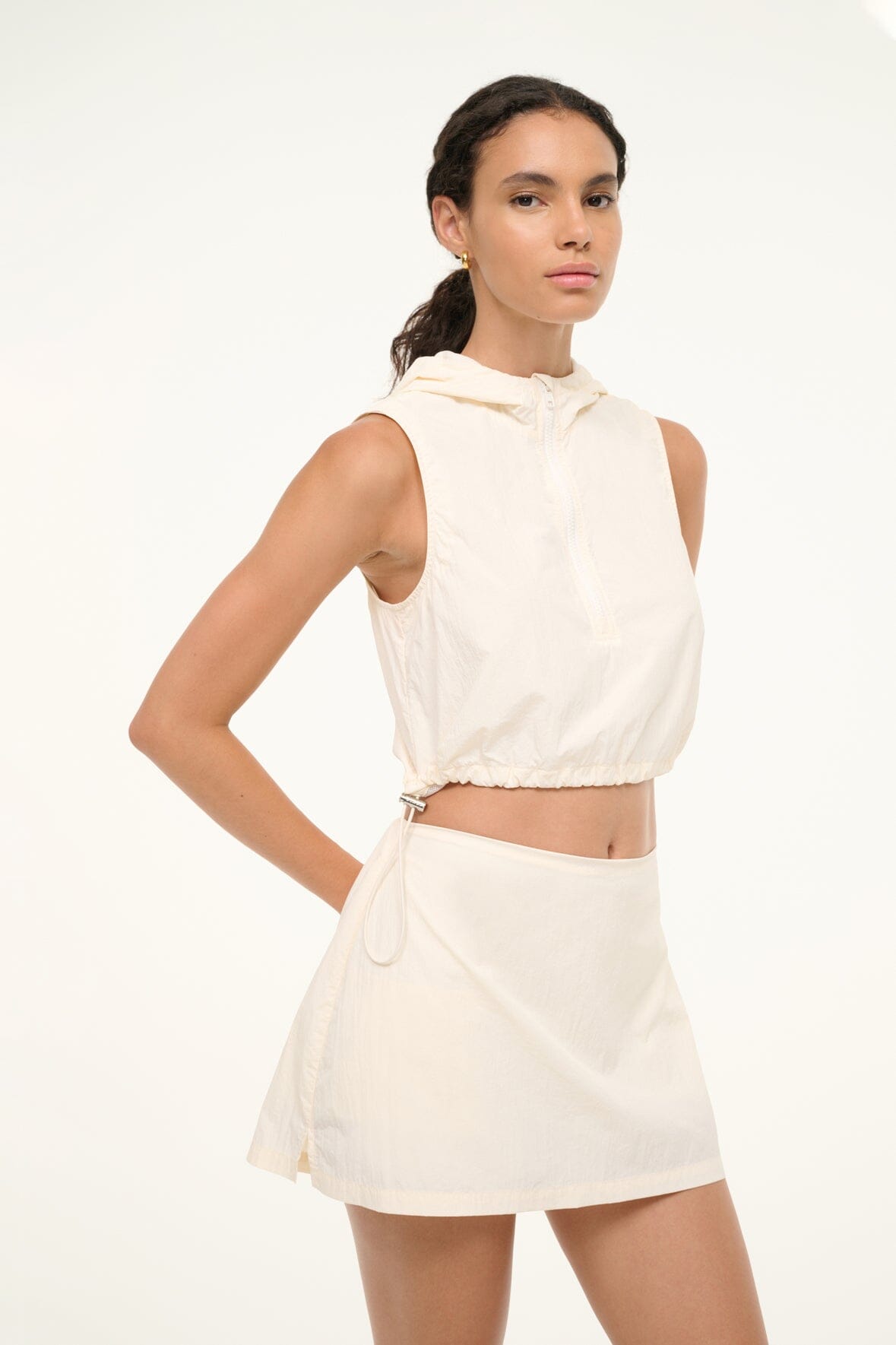 Ivory Hooded Zip-Front Nylon Crop Top | Compass Sporty Shell
