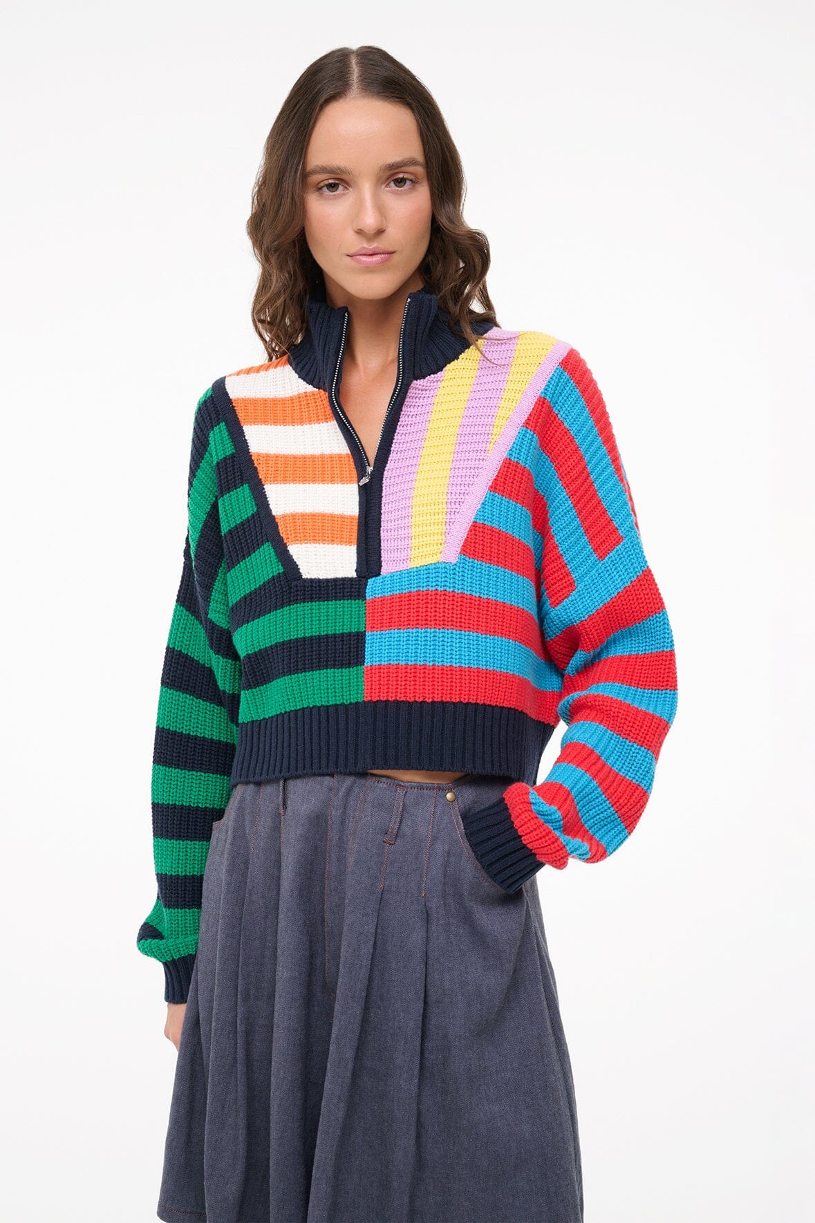 Cropped Cabana Stripe Sweater with Half Zip Detail