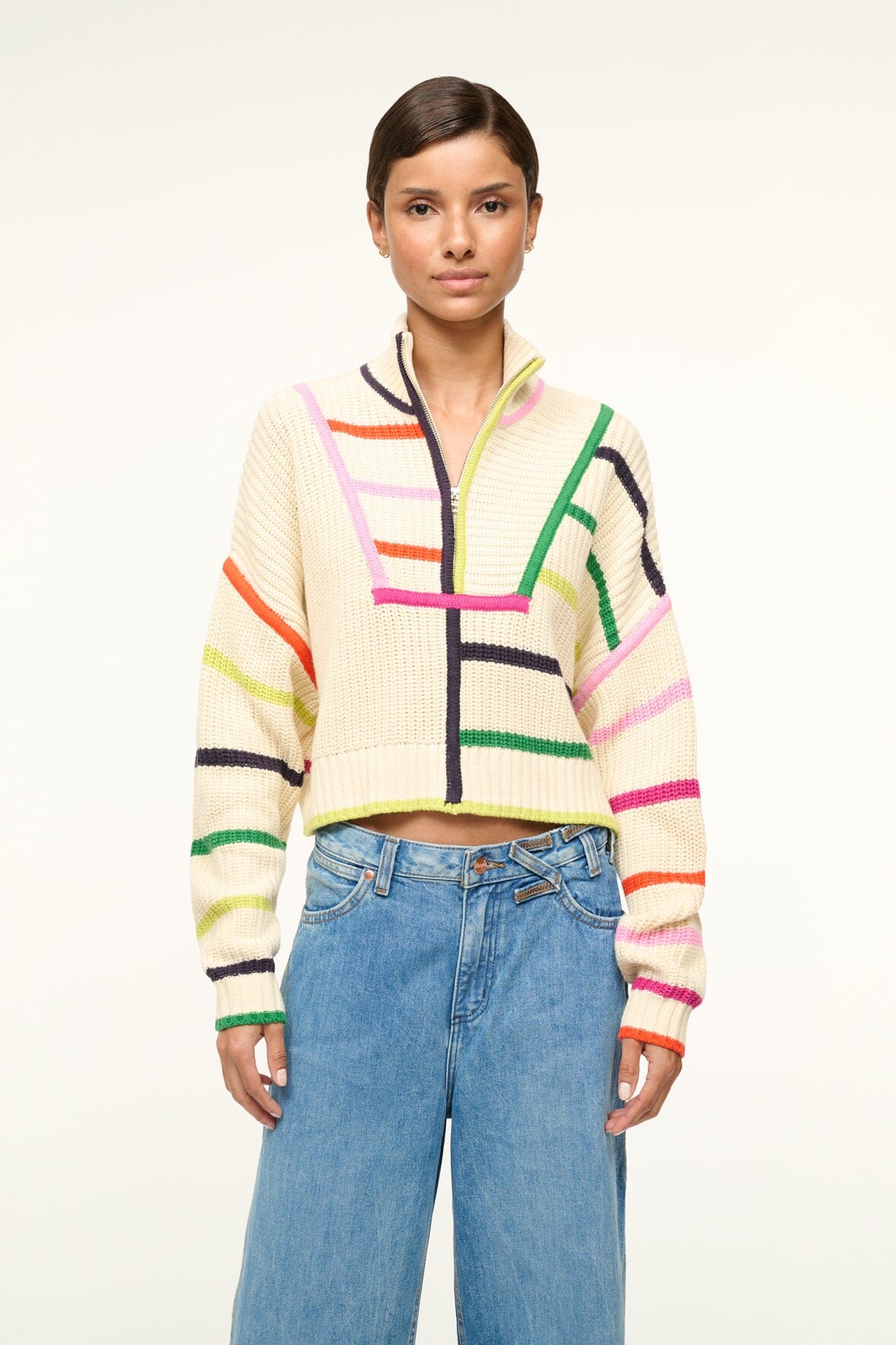 Cropped Hampton Sweater - Chunky Cotton Knit with Half Zip
