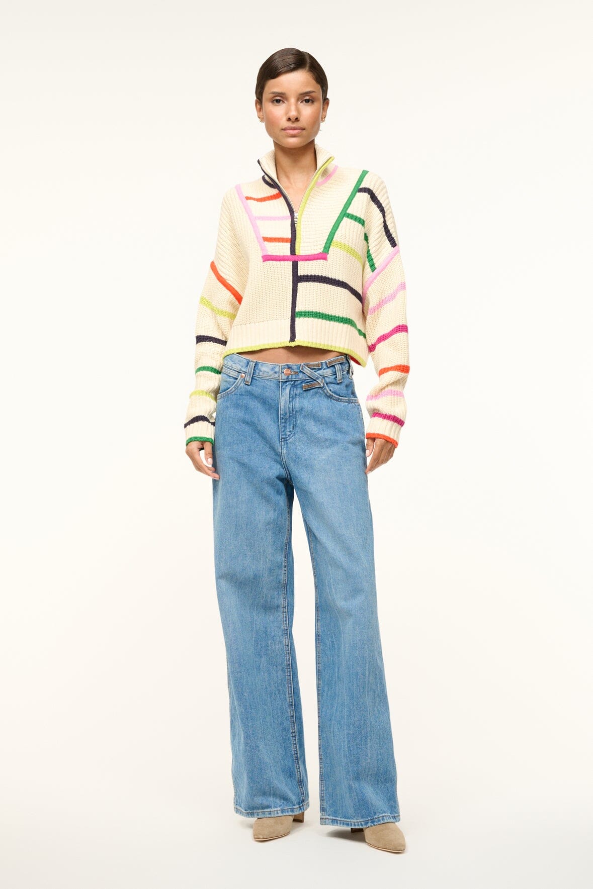 Cropped Hampton Sweater - Chunky Cotton Knit with Half Zip