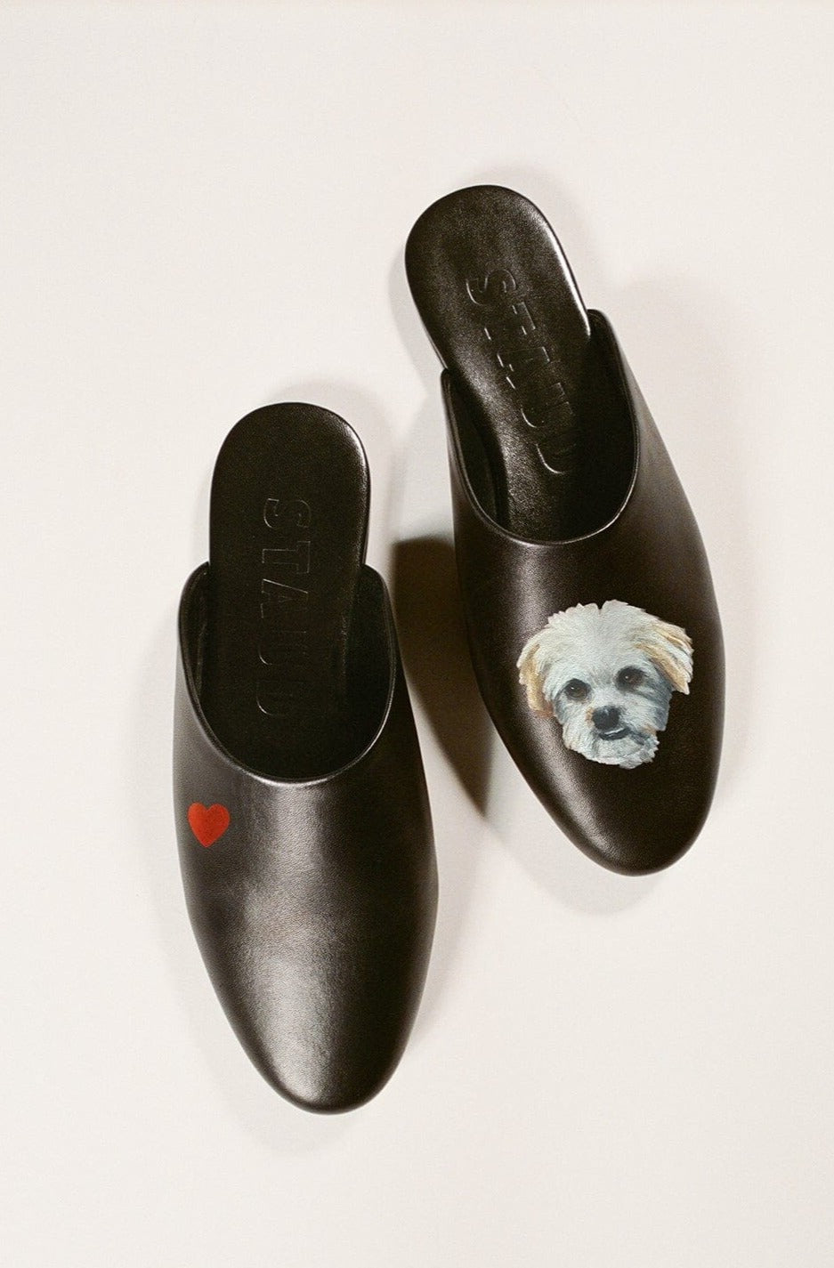 Custom Black Abby Leather Slippers with Pet Portrait