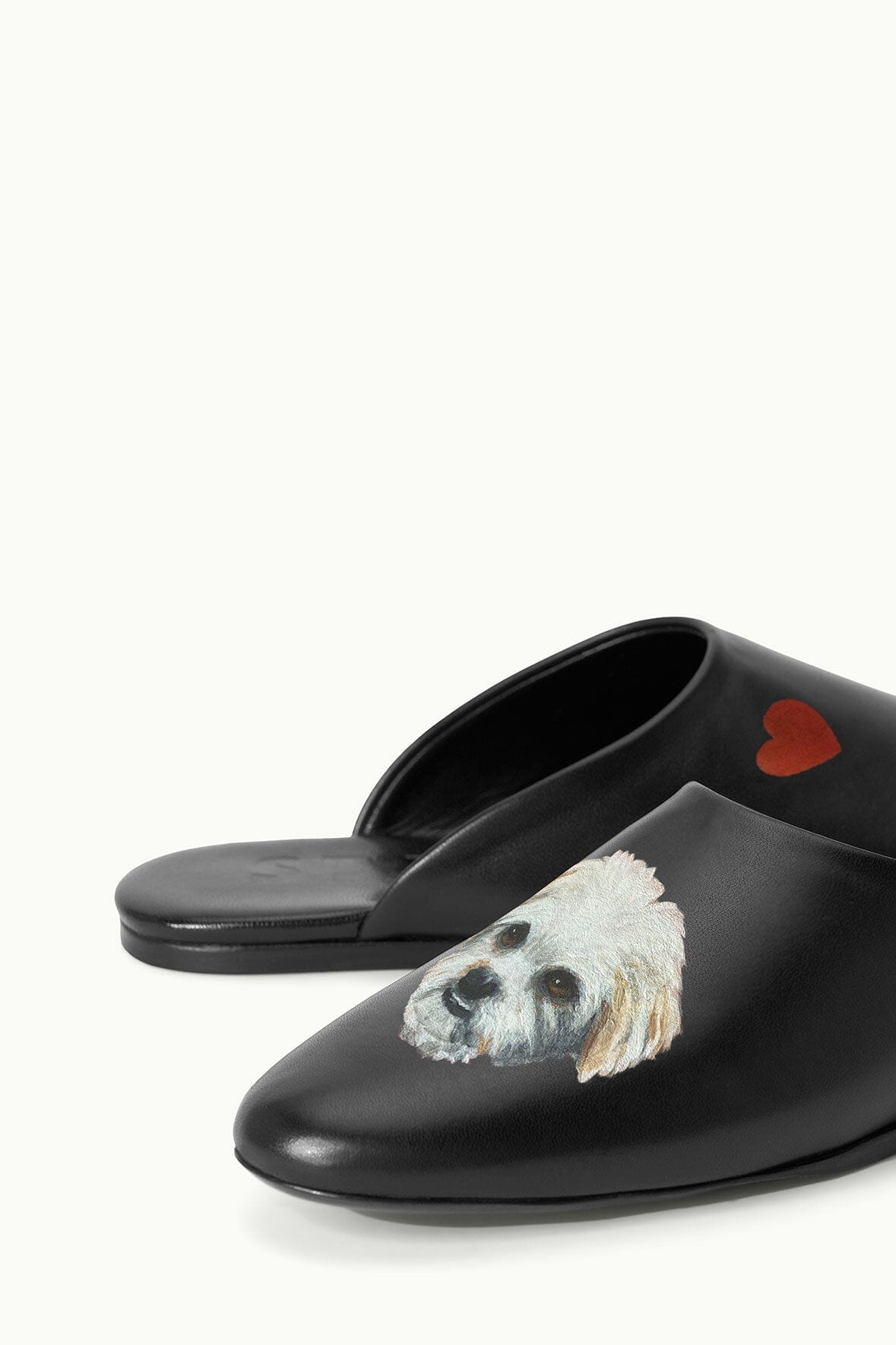 Custom Black Abby Leather Slippers with Pet Portrait