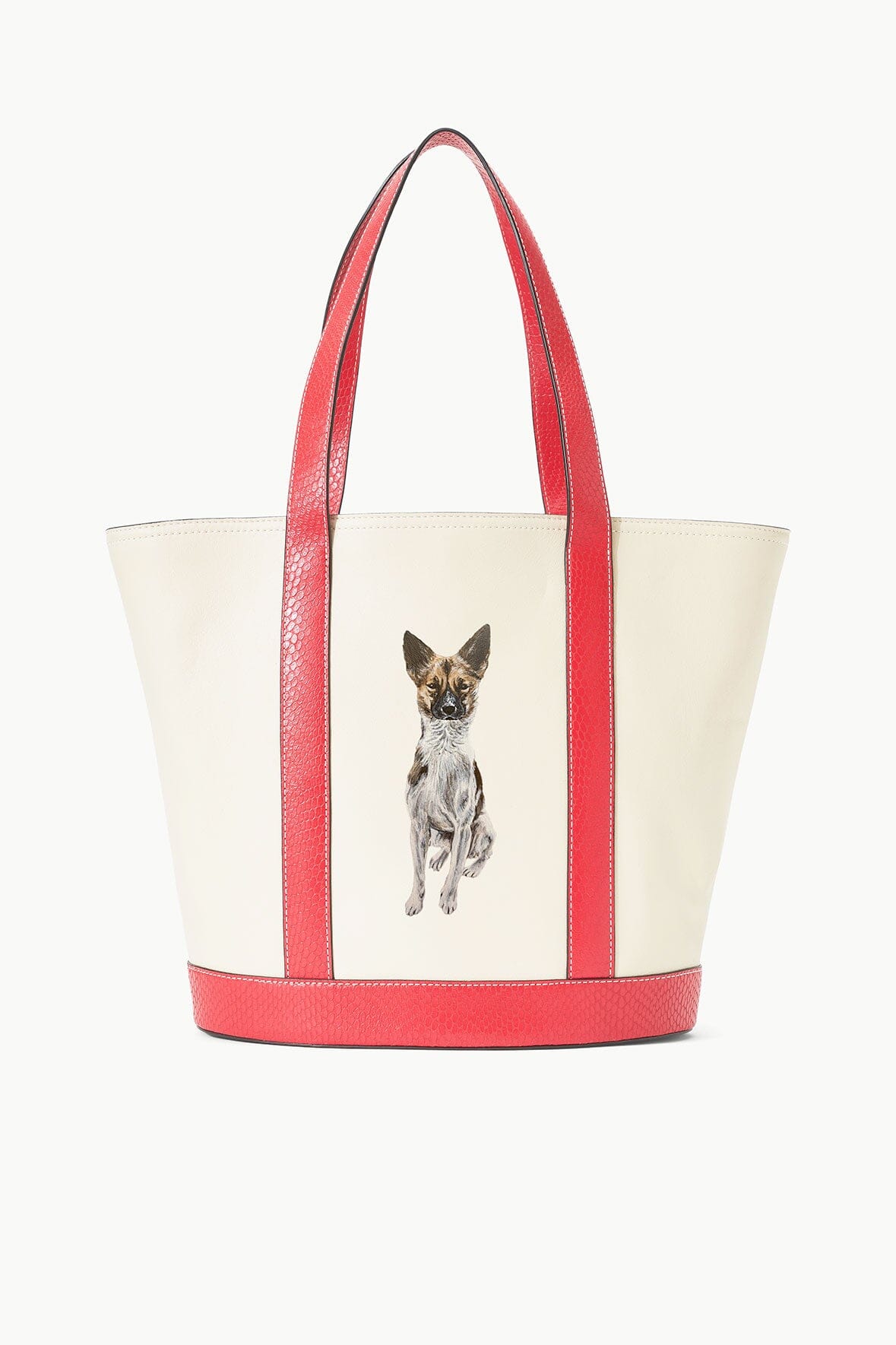 Allora Leather Tote Bag with Snake Embossed Trim | Cream & Red Rose