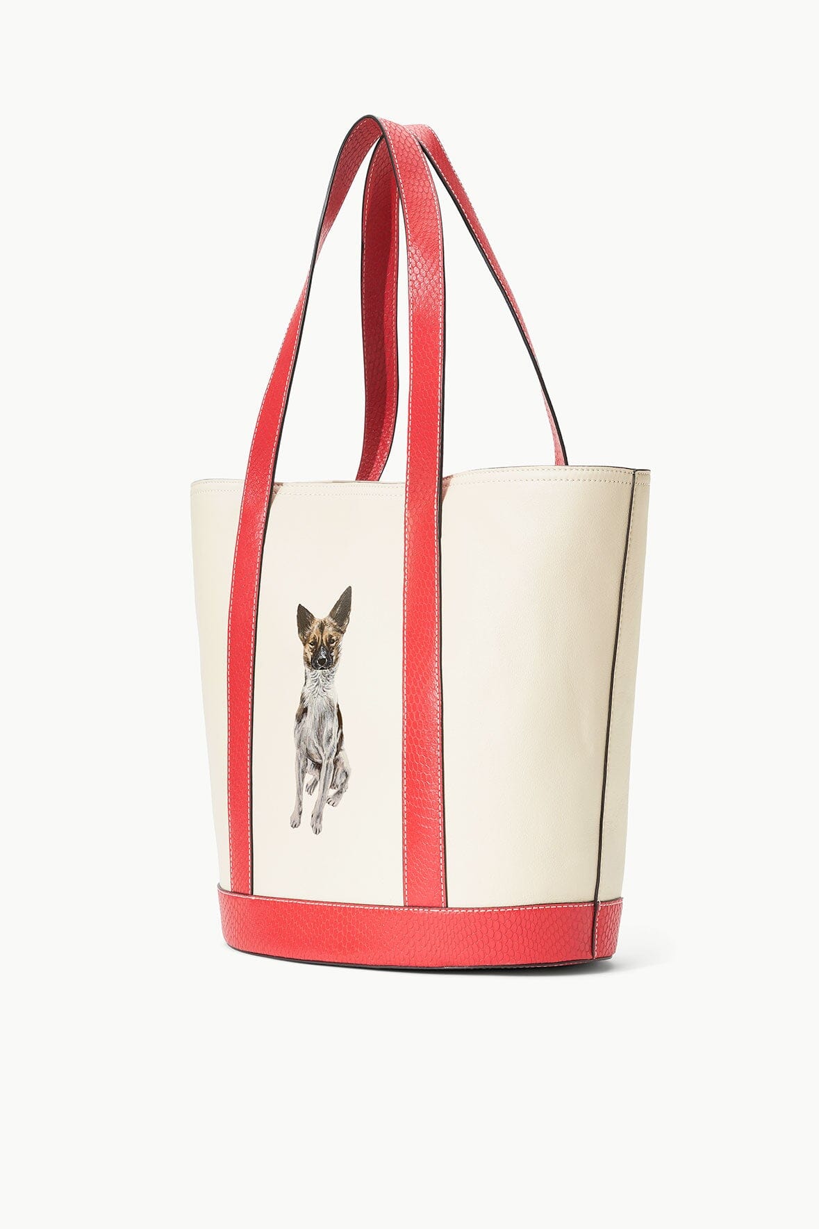 Allora Leather Tote Bag with Snake Embossed Trim | Cream & Red Rose