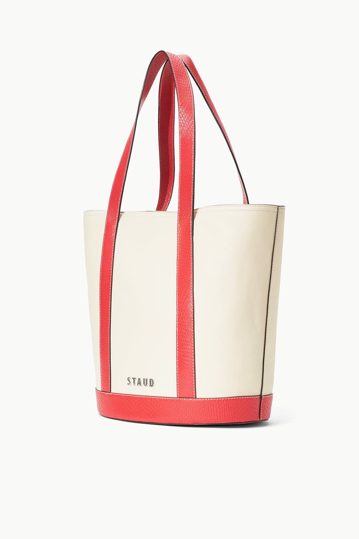 Allora Leather Tote Bag with Snake Embossed Trim | Cream & Red Rose