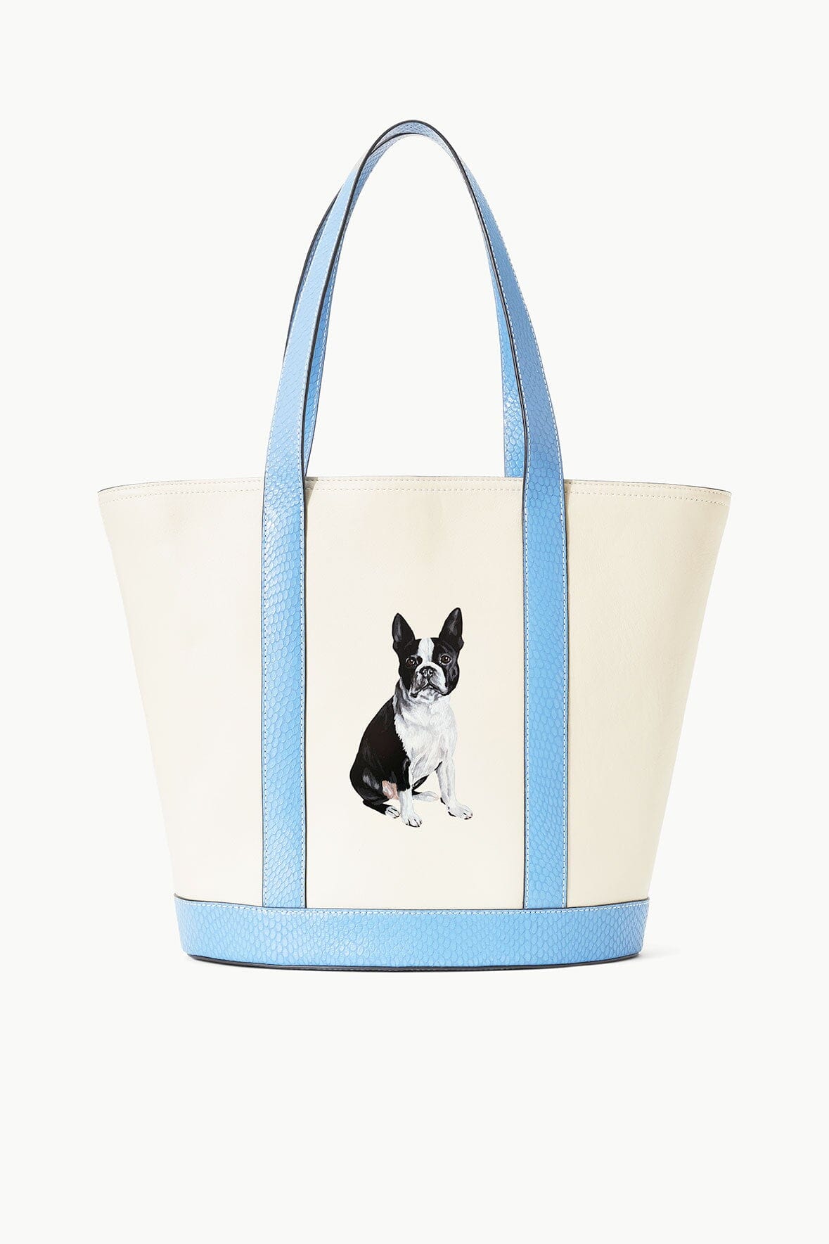 STAUD Allora Leather Tote Bag with Snake Embossed Trim | Cream & Blue