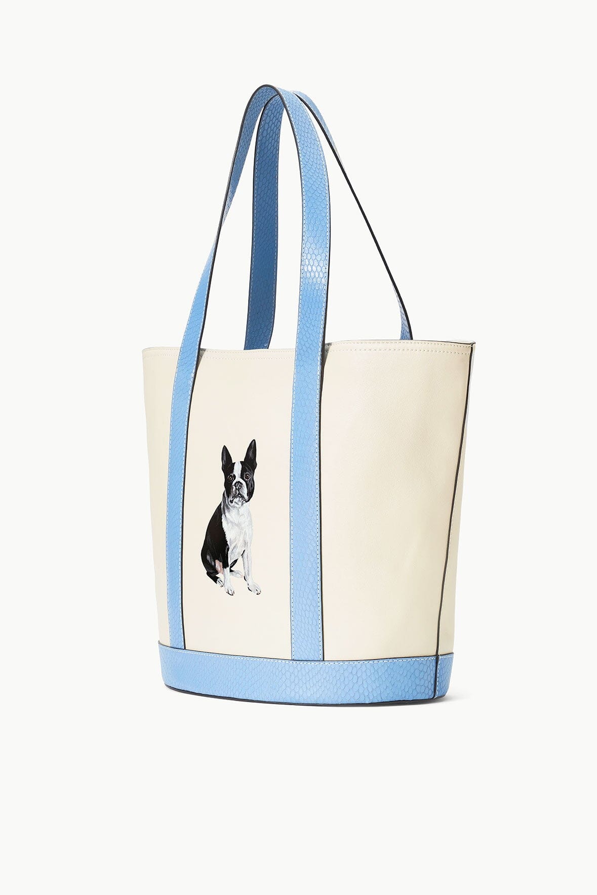 STAUD Allora Leather Tote Bag with Snake Embossed Trim | Cream & Blue