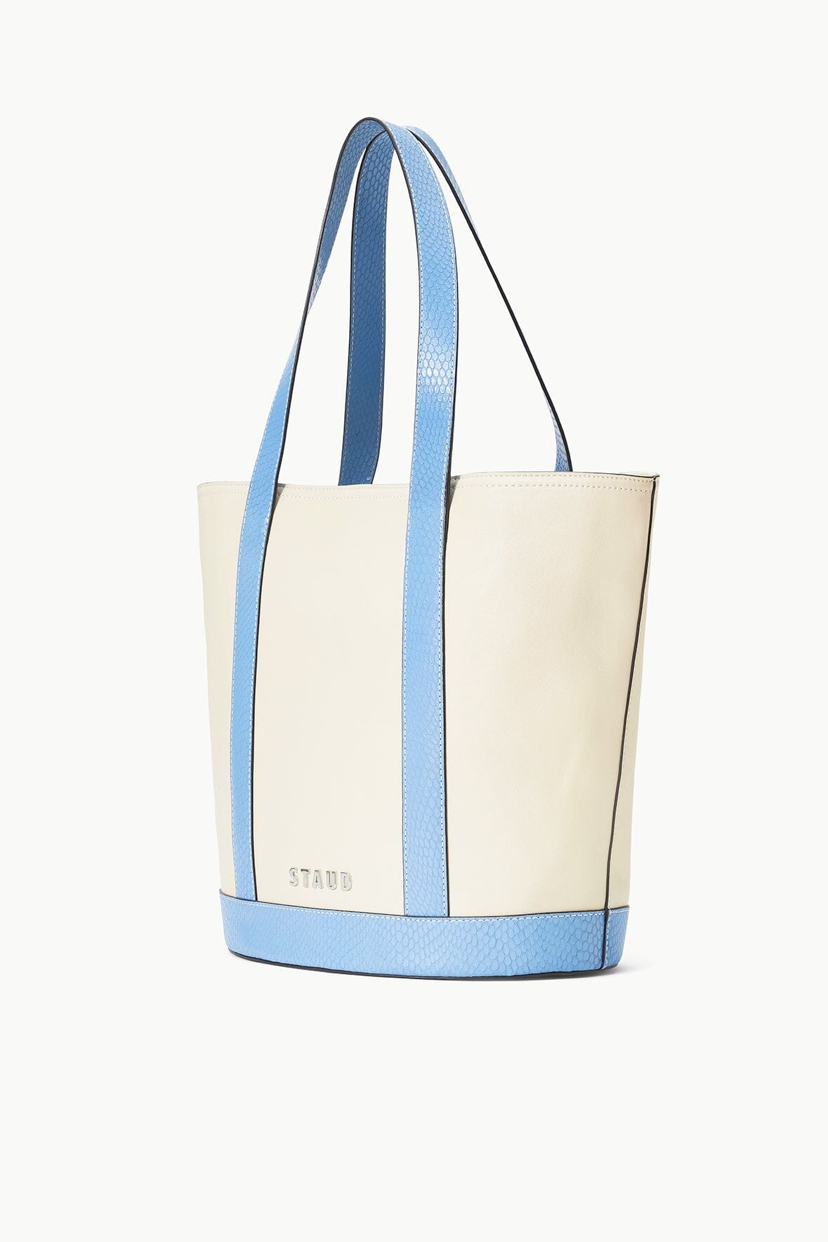 STAUD Allora Leather Tote Bag with Snake Embossed Trim | Cream & Blue