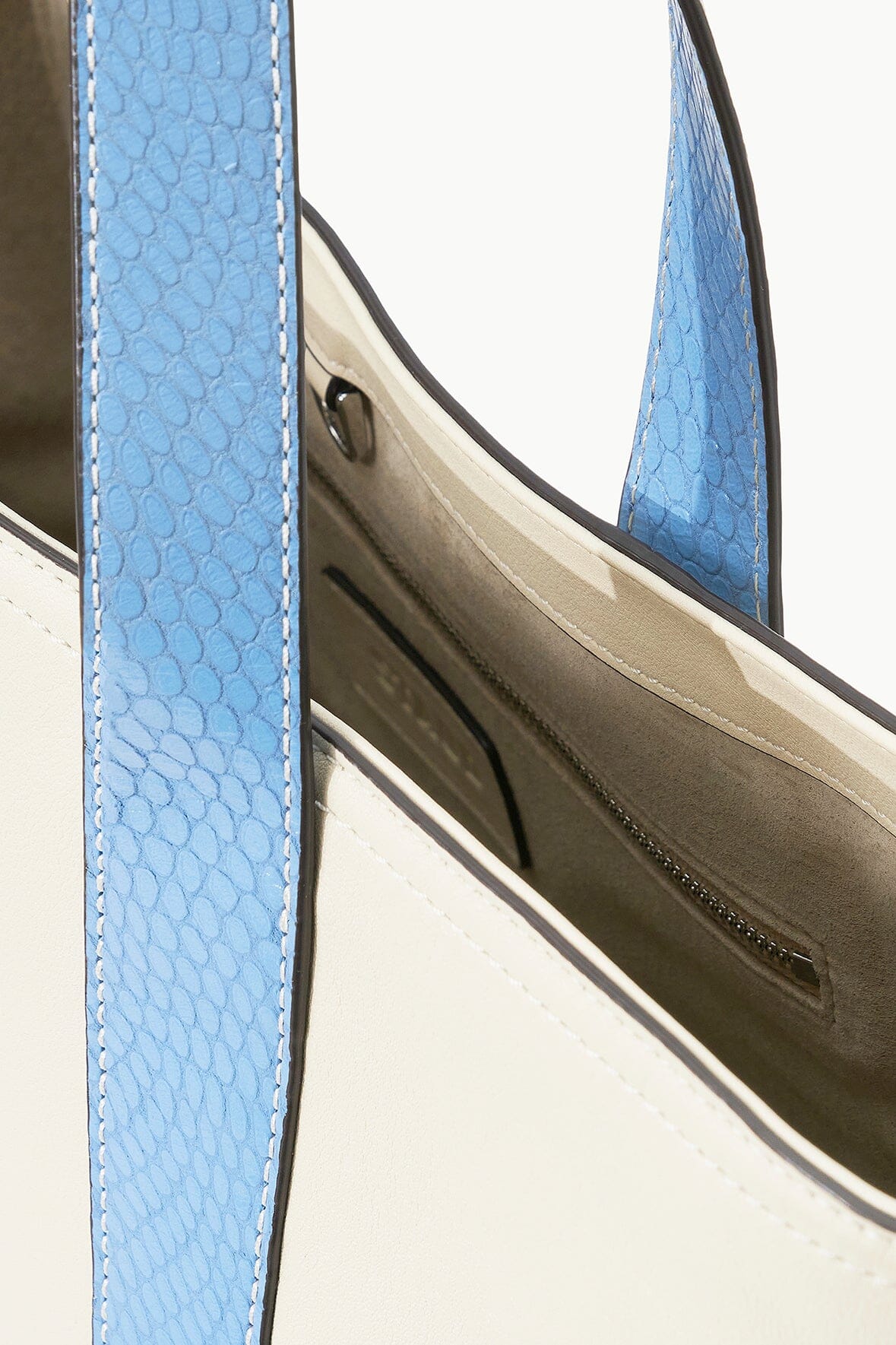 STAUD Allora Leather Tote Bag with Snake Embossed Trim | Cream & Blue