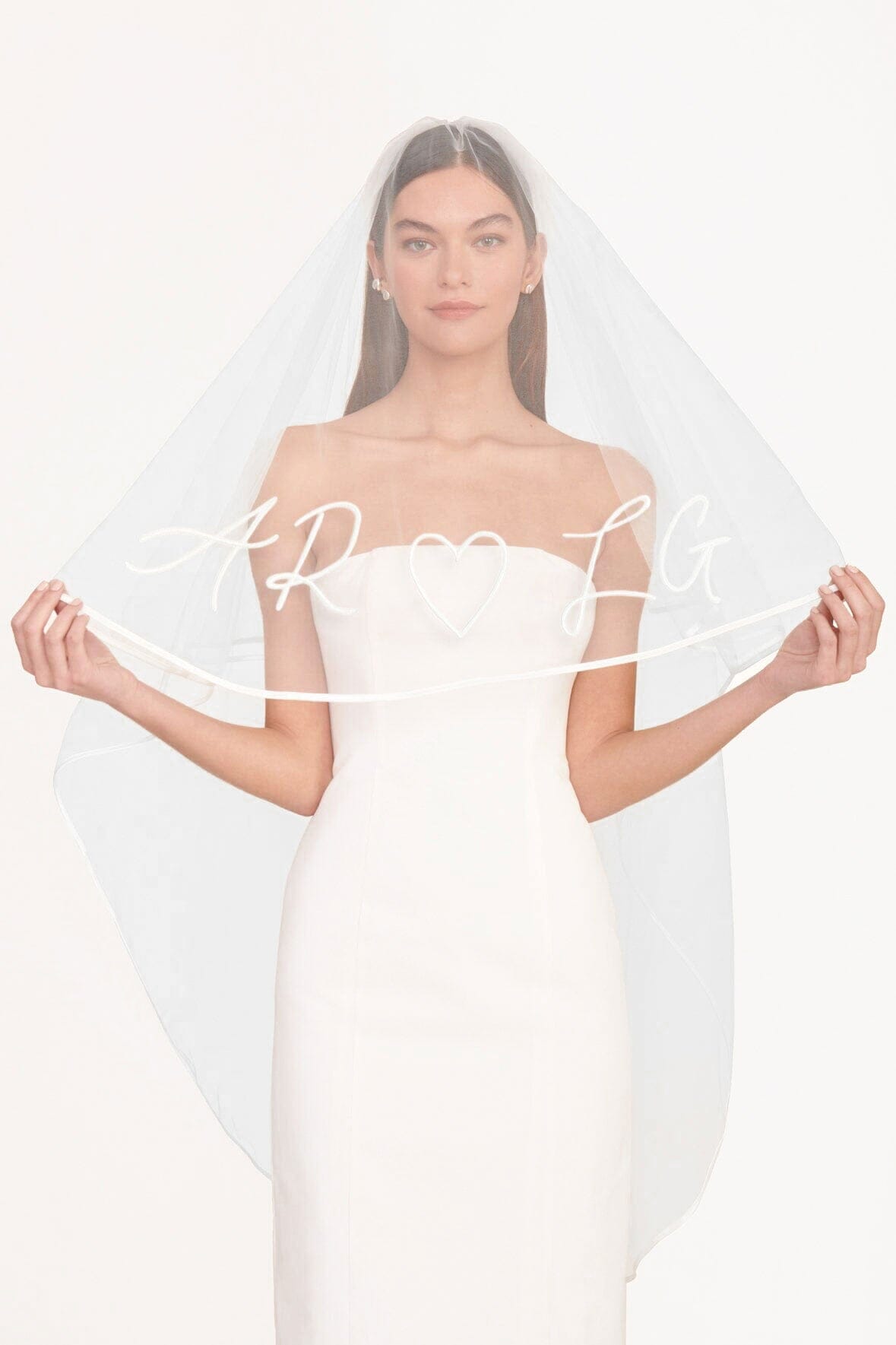 Custom Embroidered Wedding Veil with Initials & Heart – Mid-Length Tulle Blusher