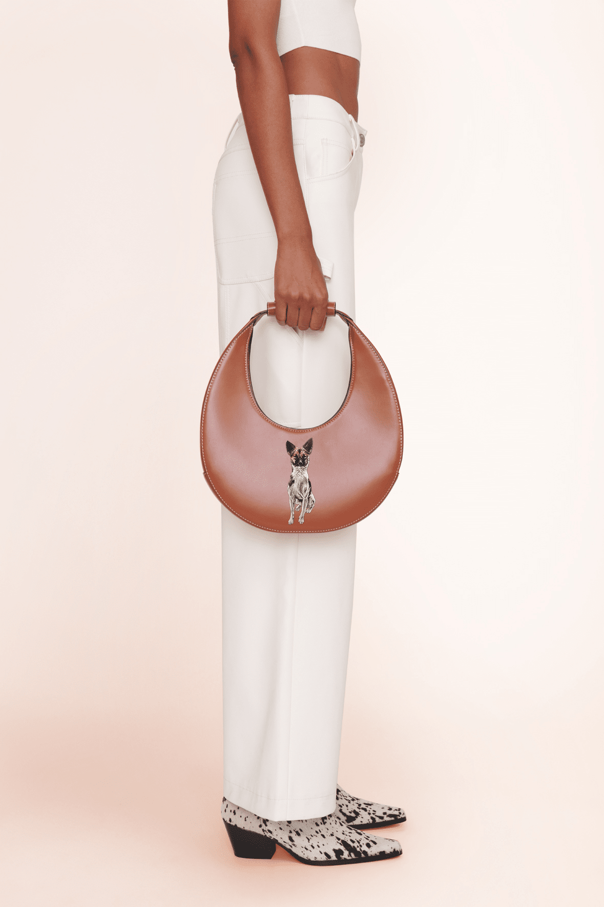 STAUD Tan Moon Bag with Suede Lining & Magnetic Clasp