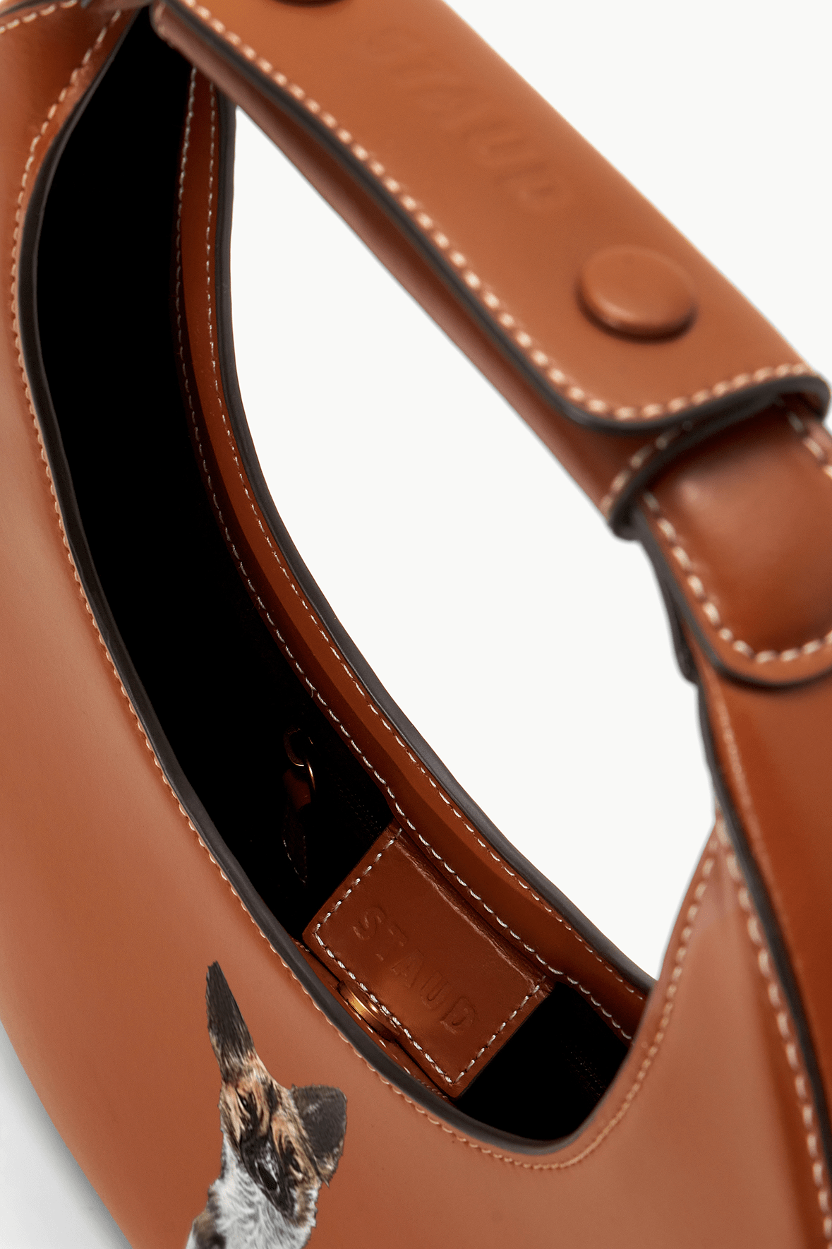 STAUD Tan Moon Bag with Suede Lining & Magnetic Clasp