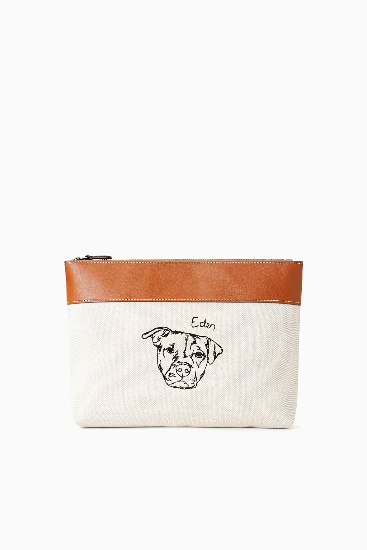 STAUD Duckie Zip Pouch - Cream Canvas with Leather Trim | Custom Pet Embroidery