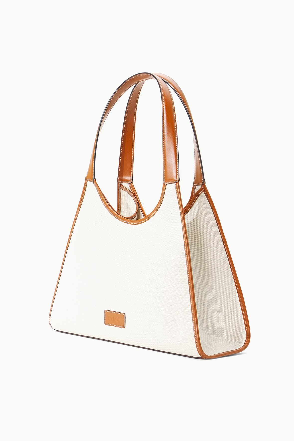 STAUD Soft Rey Linen Tote Bag with Leather Trim | Cream Tan