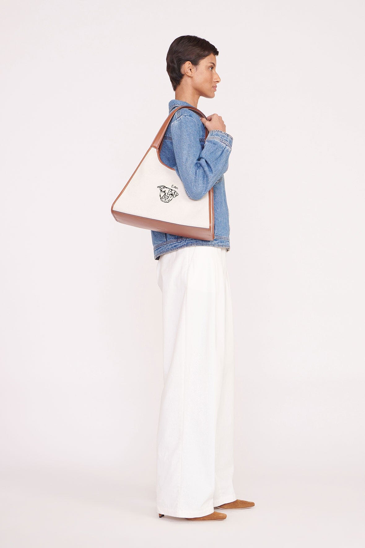 STAUD Soft Rey Linen Tote Bag with Leather Trim | Cream Tan