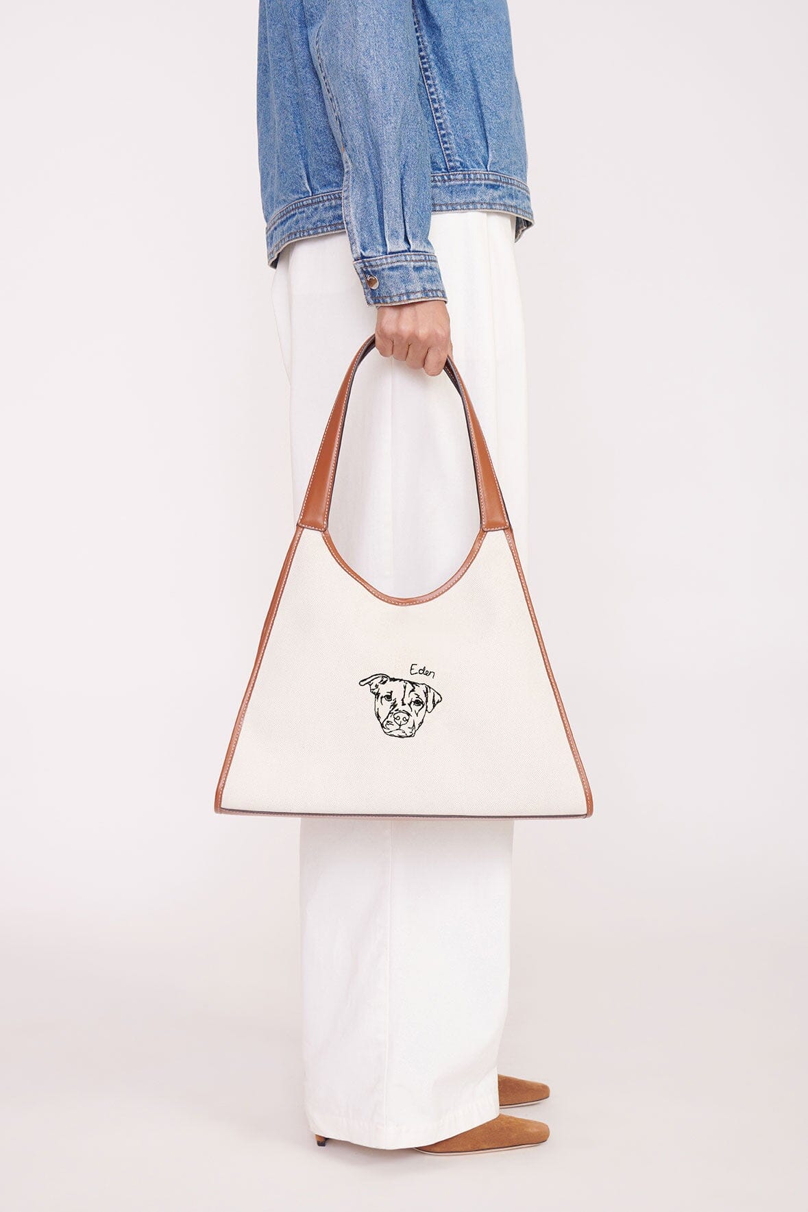 STAUD Soft Rey Linen Tote Bag with Leather Trim | Cream Tan