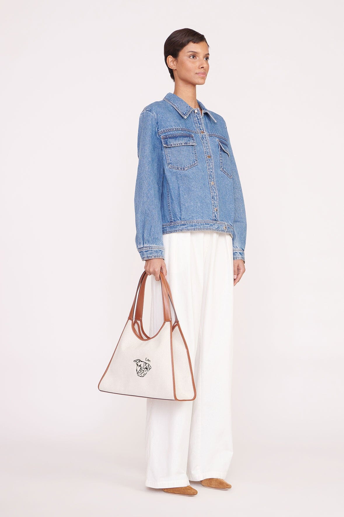 STAUD Soft Rey Linen Tote Bag with Leather Trim | Cream Tan
