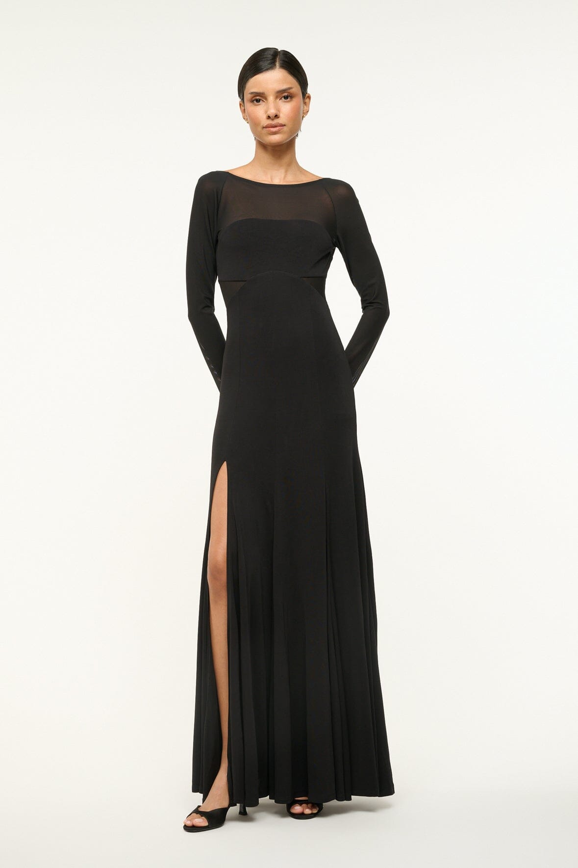 Dara Black Long Sleeve Maxi Dress with Sheer Sleeves & Low Back