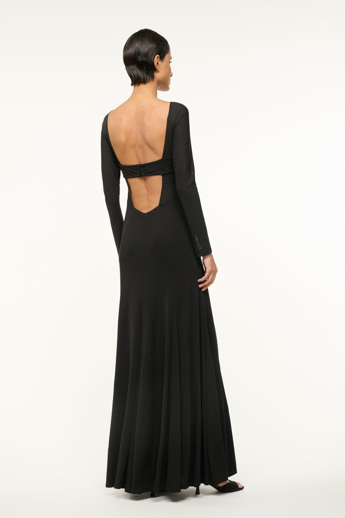 Dara Black Long Sleeve Maxi Dress with Sheer Sleeves & Low Back