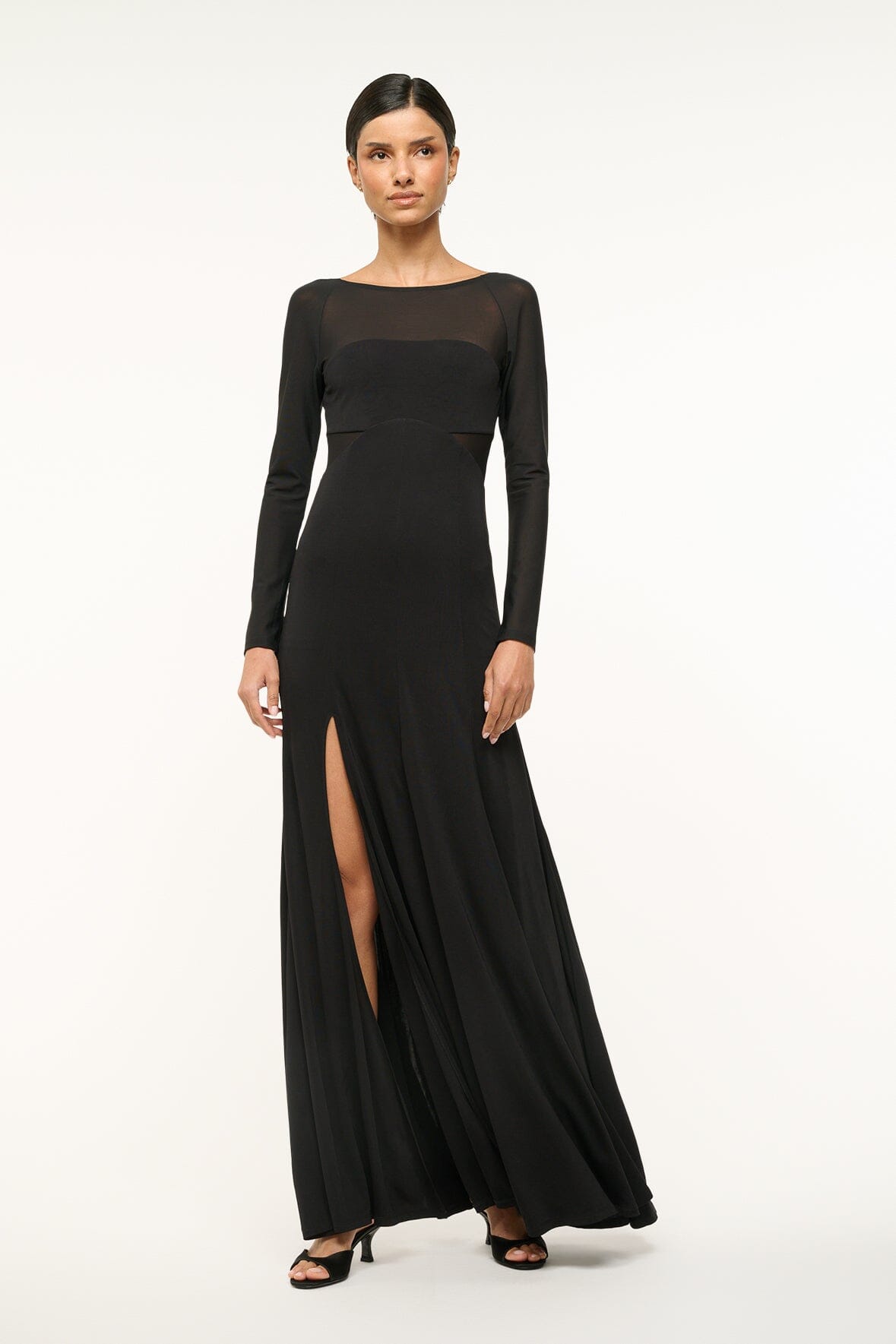 Dara Black Long Sleeve Maxi Dress with Sheer Sleeves & Low Back
