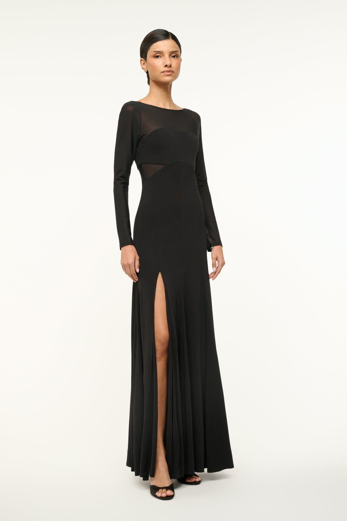 Dara Black Long Sleeve Maxi Dress with Sheer Sleeves & Low Back