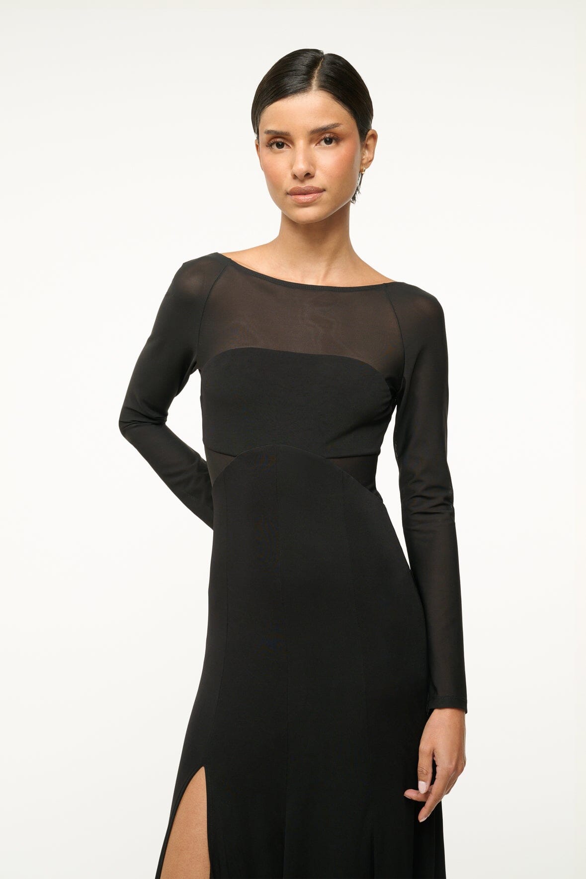 Dara Black Long Sleeve Maxi Dress with Sheer Sleeves & Low Back