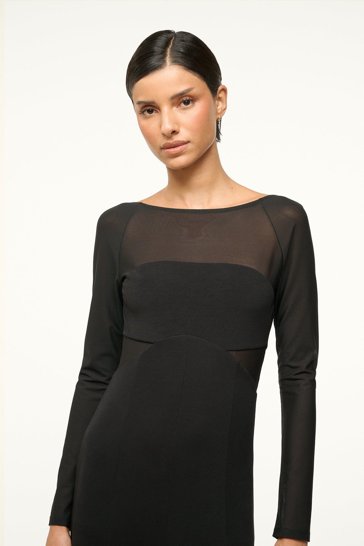 Dara Black Long Sleeve Maxi Dress with Sheer Sleeves & Low Back
