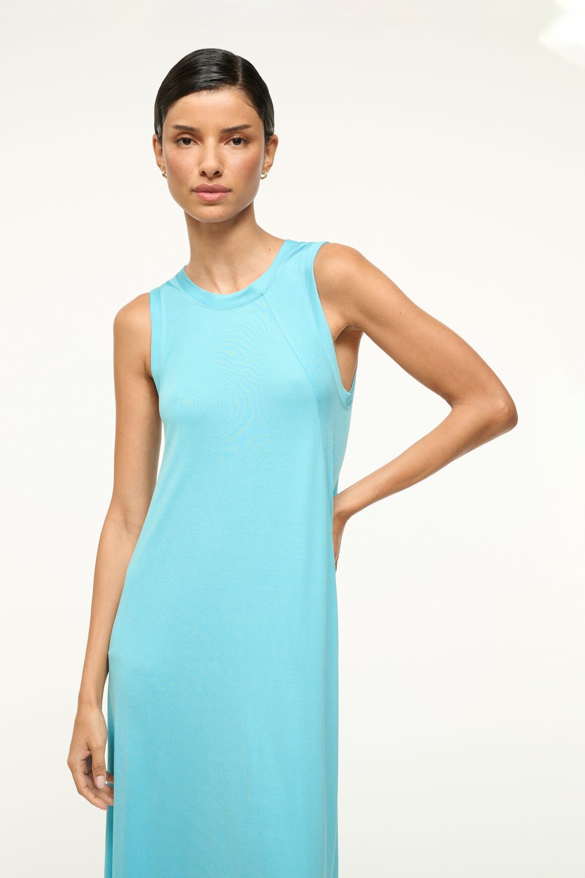 Davi A-Line Maxi Dress in Comfortable Jersey - Aqua - STAUD Official Site