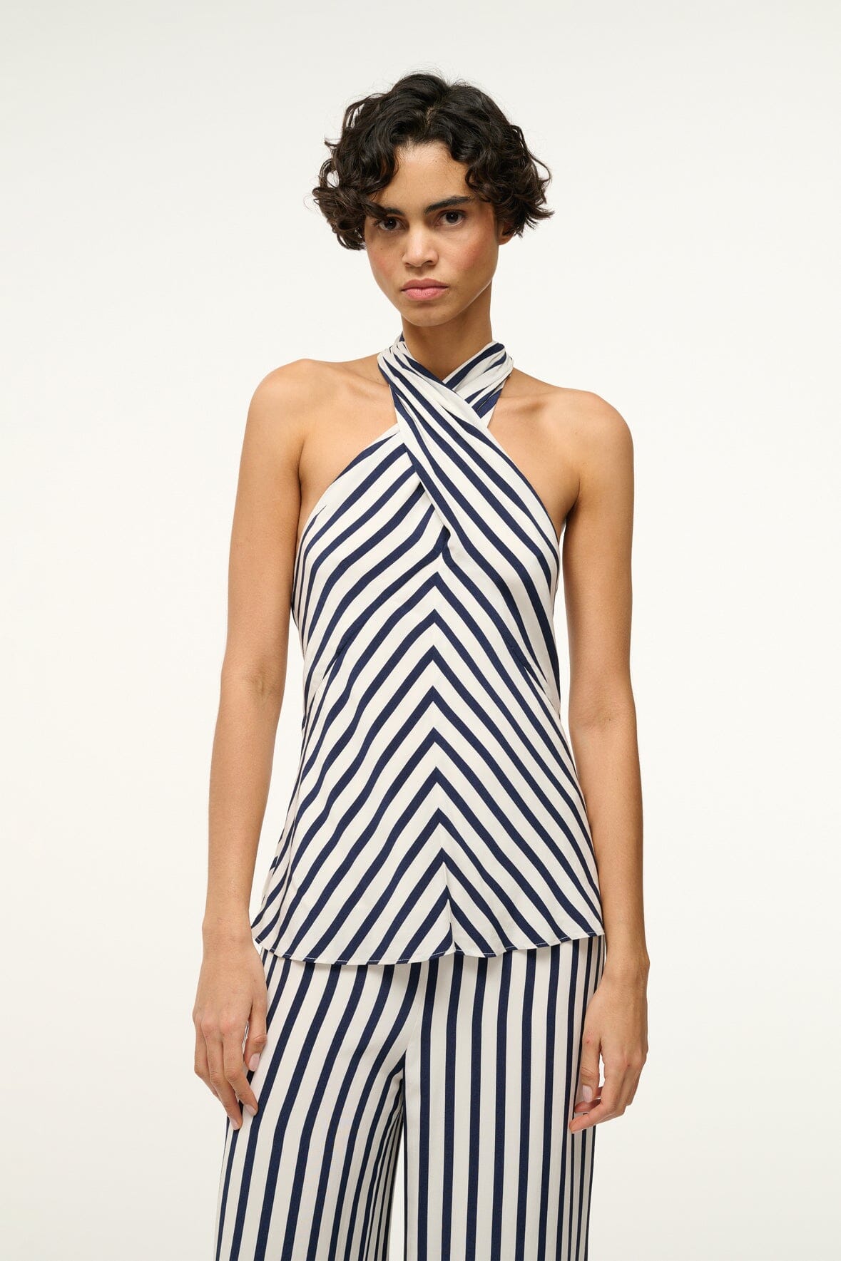 White Navy Stripe Halter Tunic Top - Cross Front Summer Top