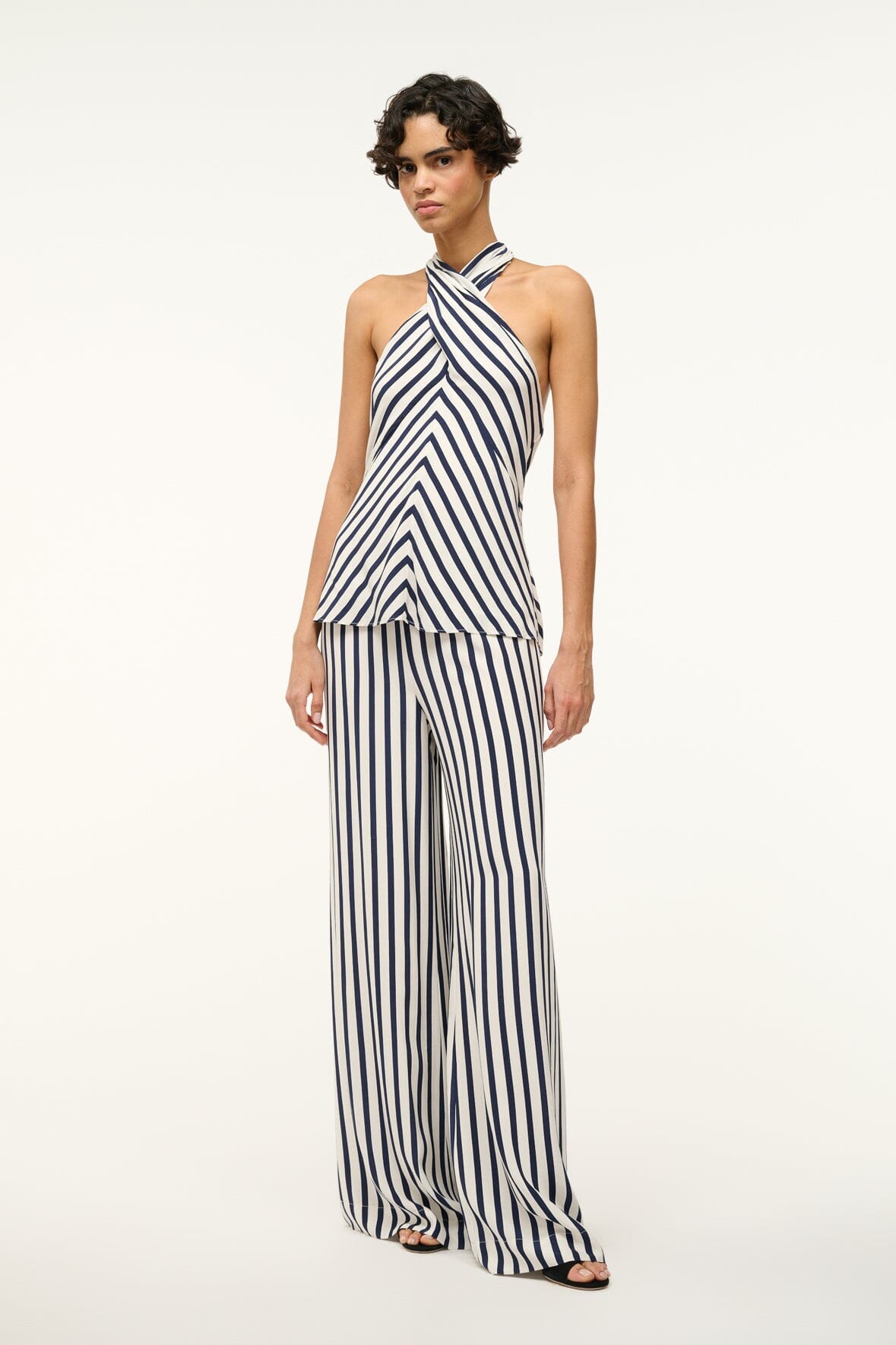 White Navy Stripe Halter Tunic Top - Cross Front Summer Top