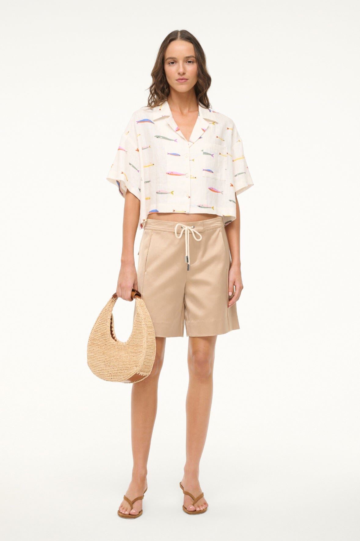 Daya Linen Button-Up Top - Cropped Ivory Camp Collar Shirt