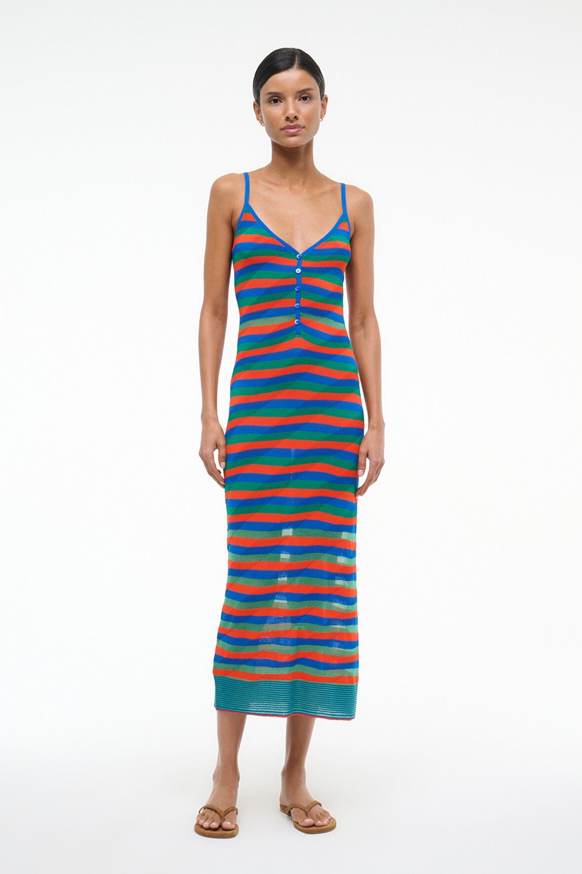 Delmare V-Neck Striped Knit Day Dress with Spaghetti Straps