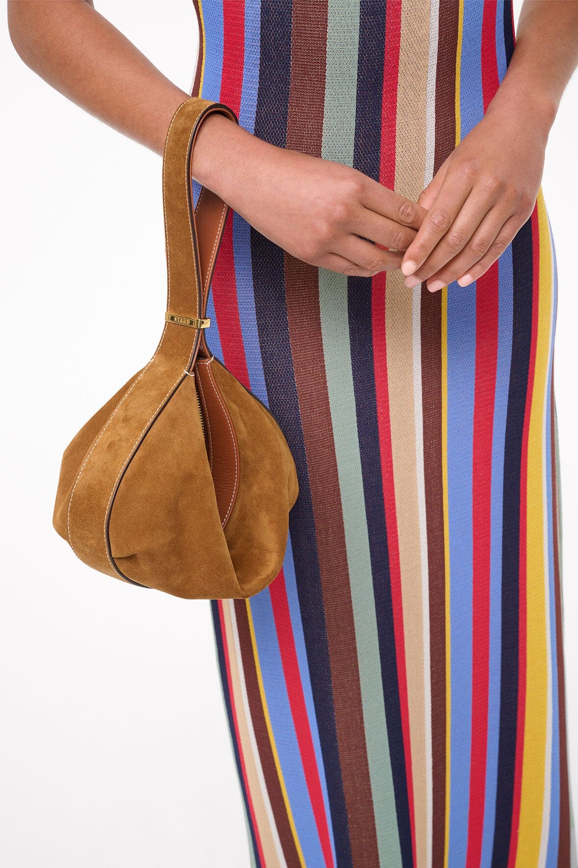 Demy Convertible Suede Shoulder Bag in Tan | Top Zipper & Signature Hardware