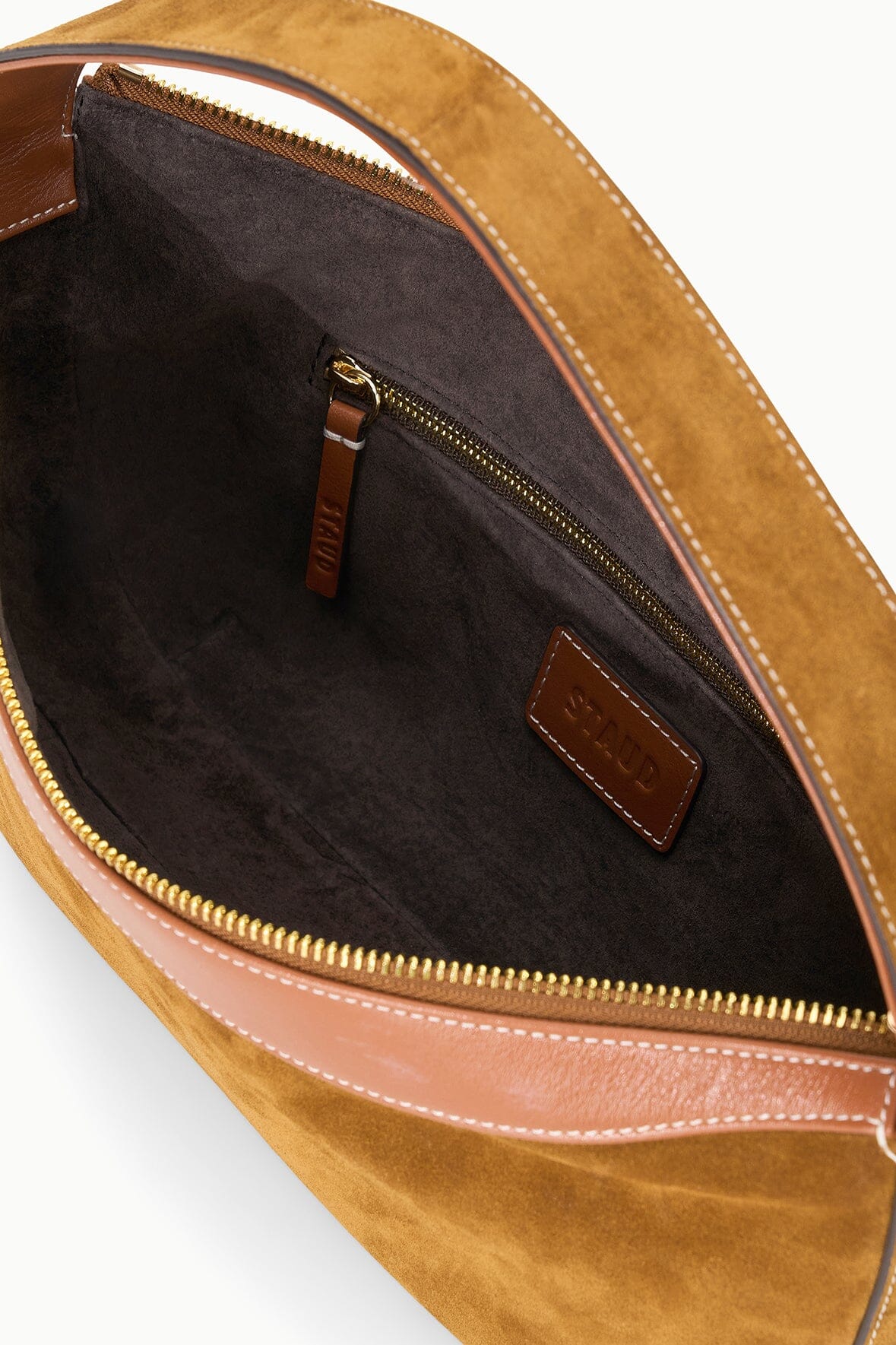Demy Convertible Suede Shoulder Bag in Tan | Top Zipper & Signature Hardware