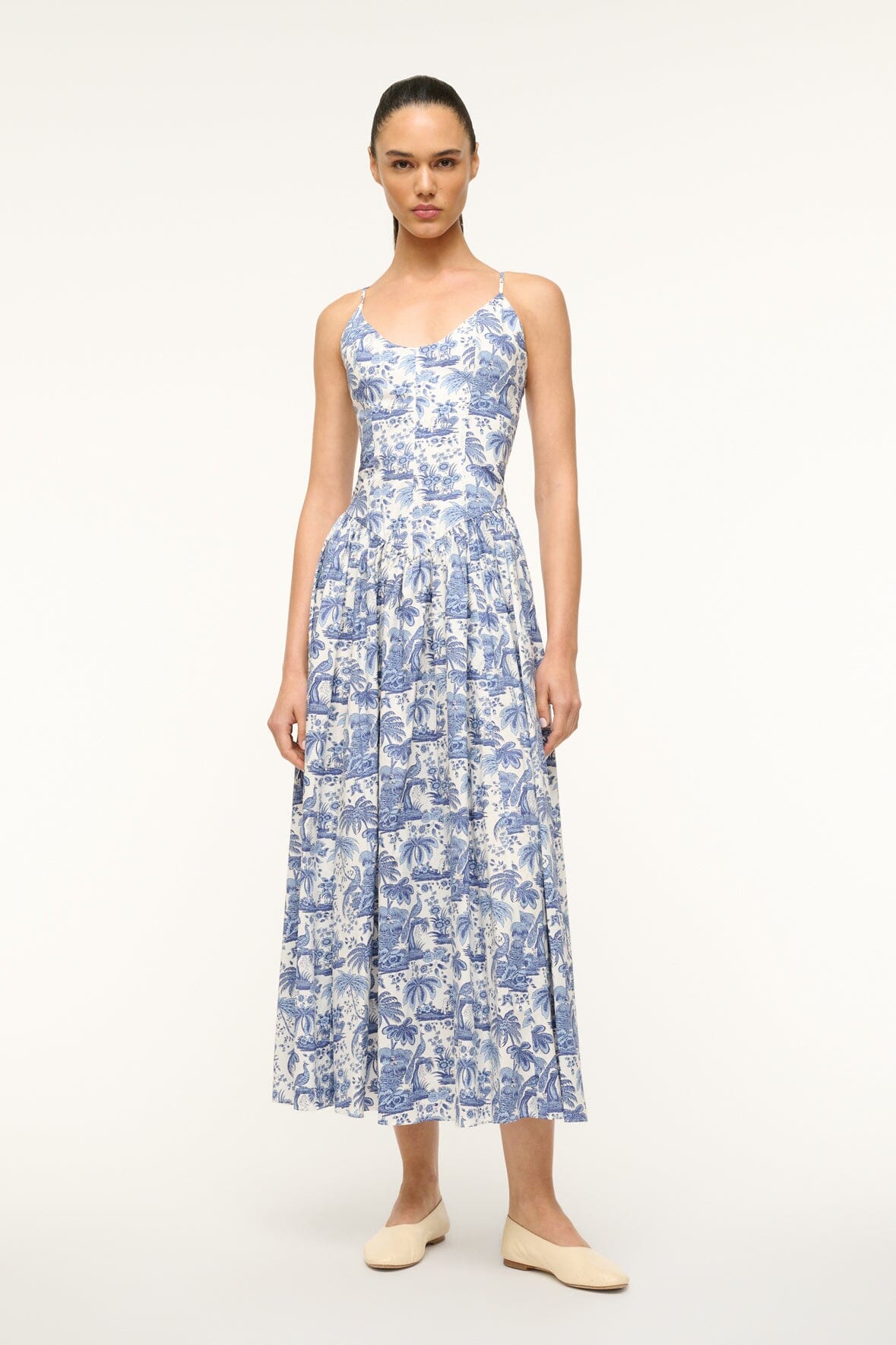 Dena Blue Toile Cotton Poplin Dress - Fitted Bodice & Drop Waist
