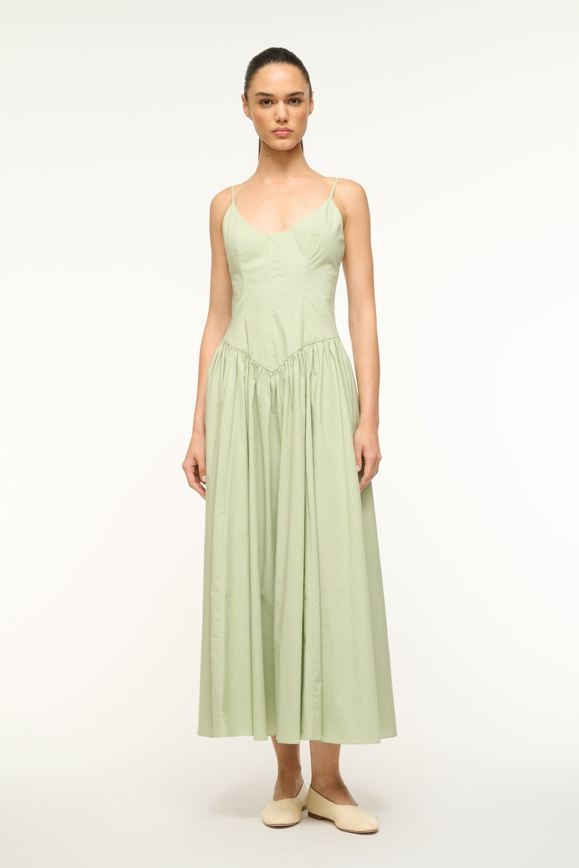 Dena Pale Jade Cotton Poplin Dress – Fitted Bodice & Drop Waist