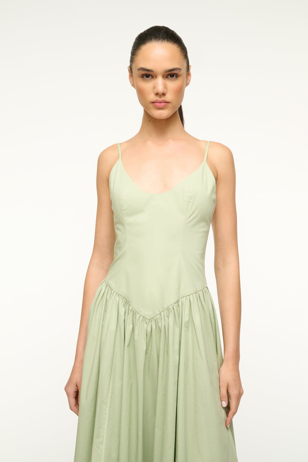 Dena Pale Jade Cotton Poplin Dress – Fitted Bodice & Drop Waist