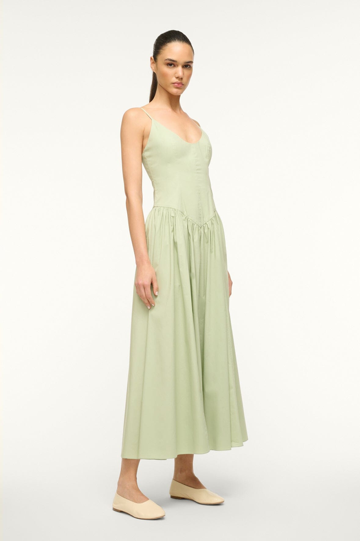 Dena Pale Jade Cotton Poplin Dress – Fitted Bodice & Drop Waist