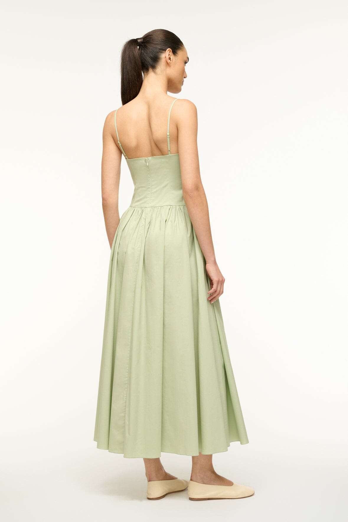 Dena Pale Jade Cotton Poplin Dress – Fitted Bodice & Drop Waist