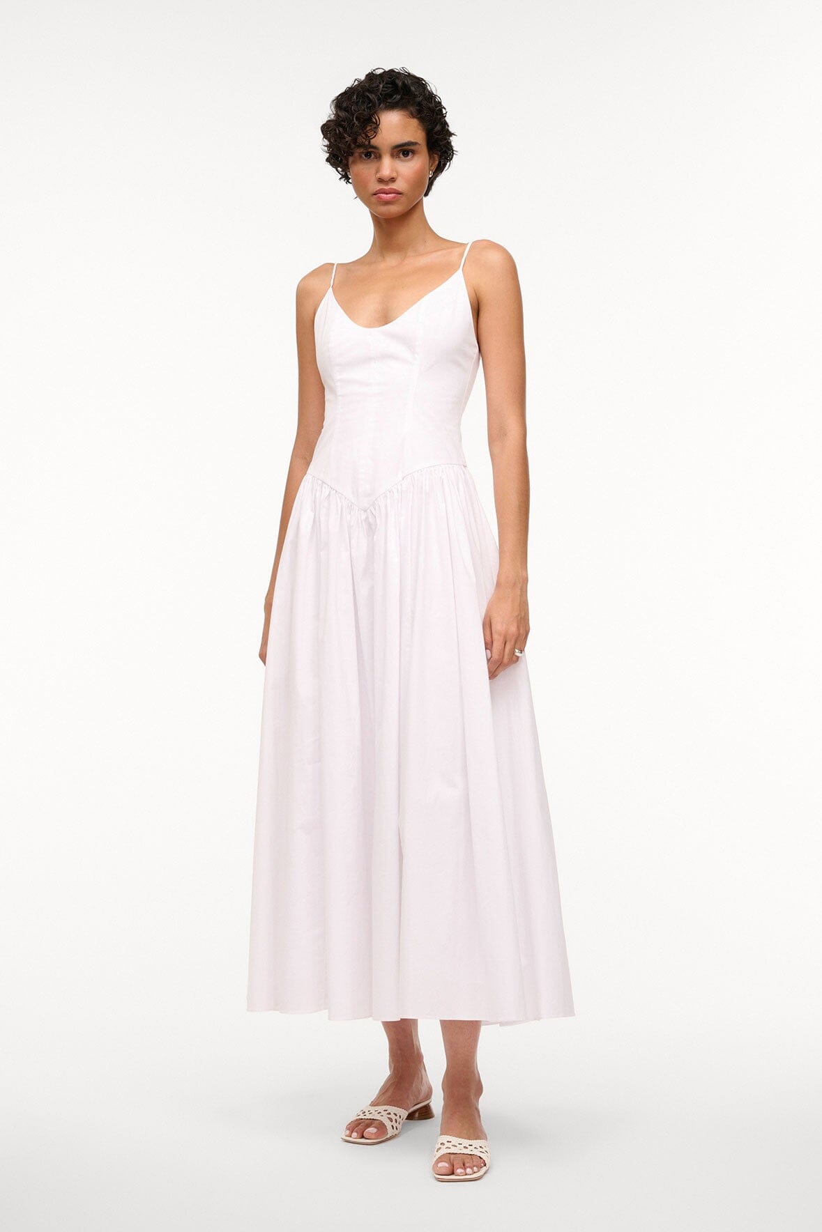 Dena White Cotton Poplin Dress with Fitted Bodice & Drop Waist