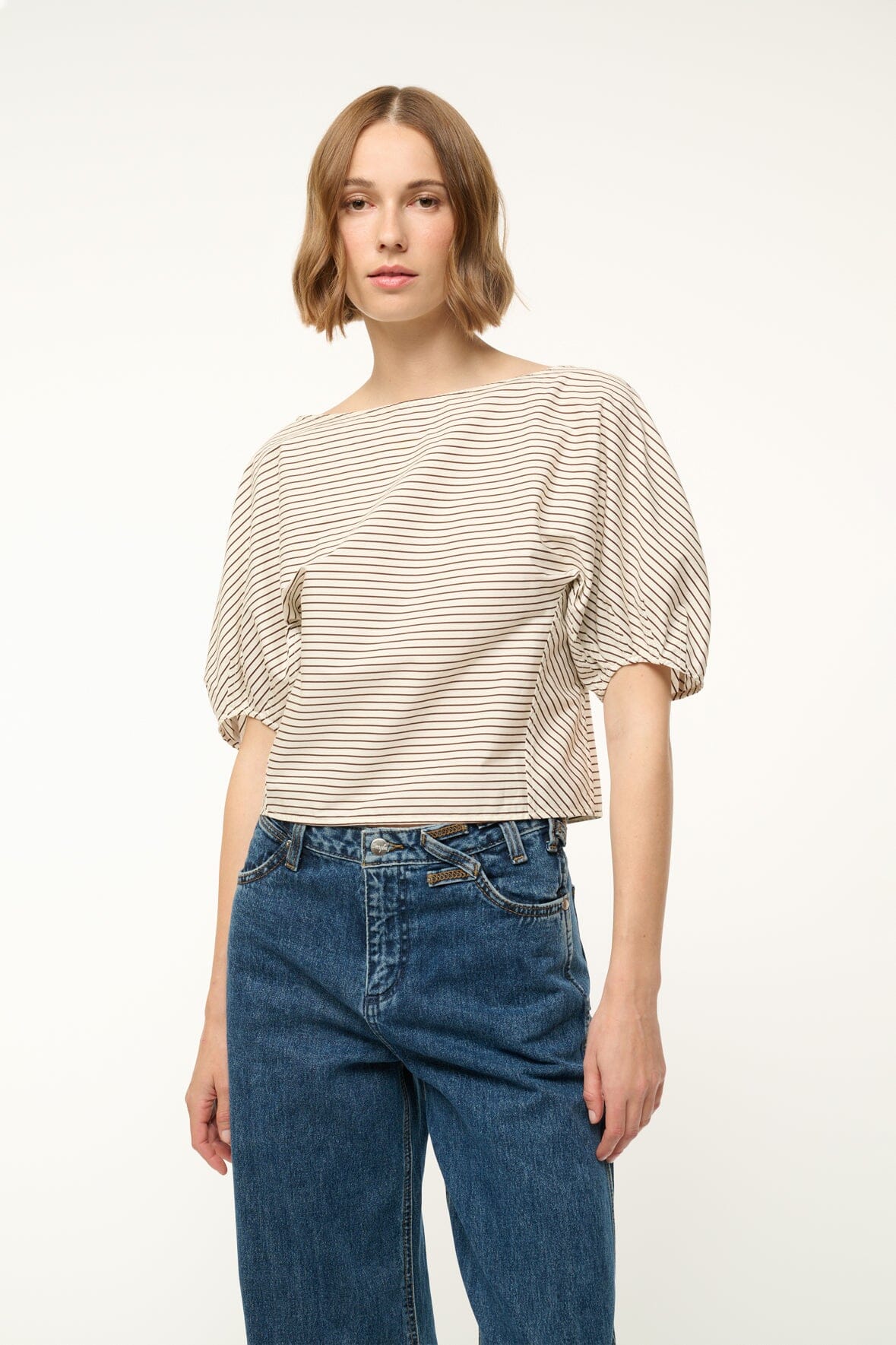 Didi Cotton Poplin Boat Neck Top with Balloon Sleeves | Ivory Dark Oak Stripe