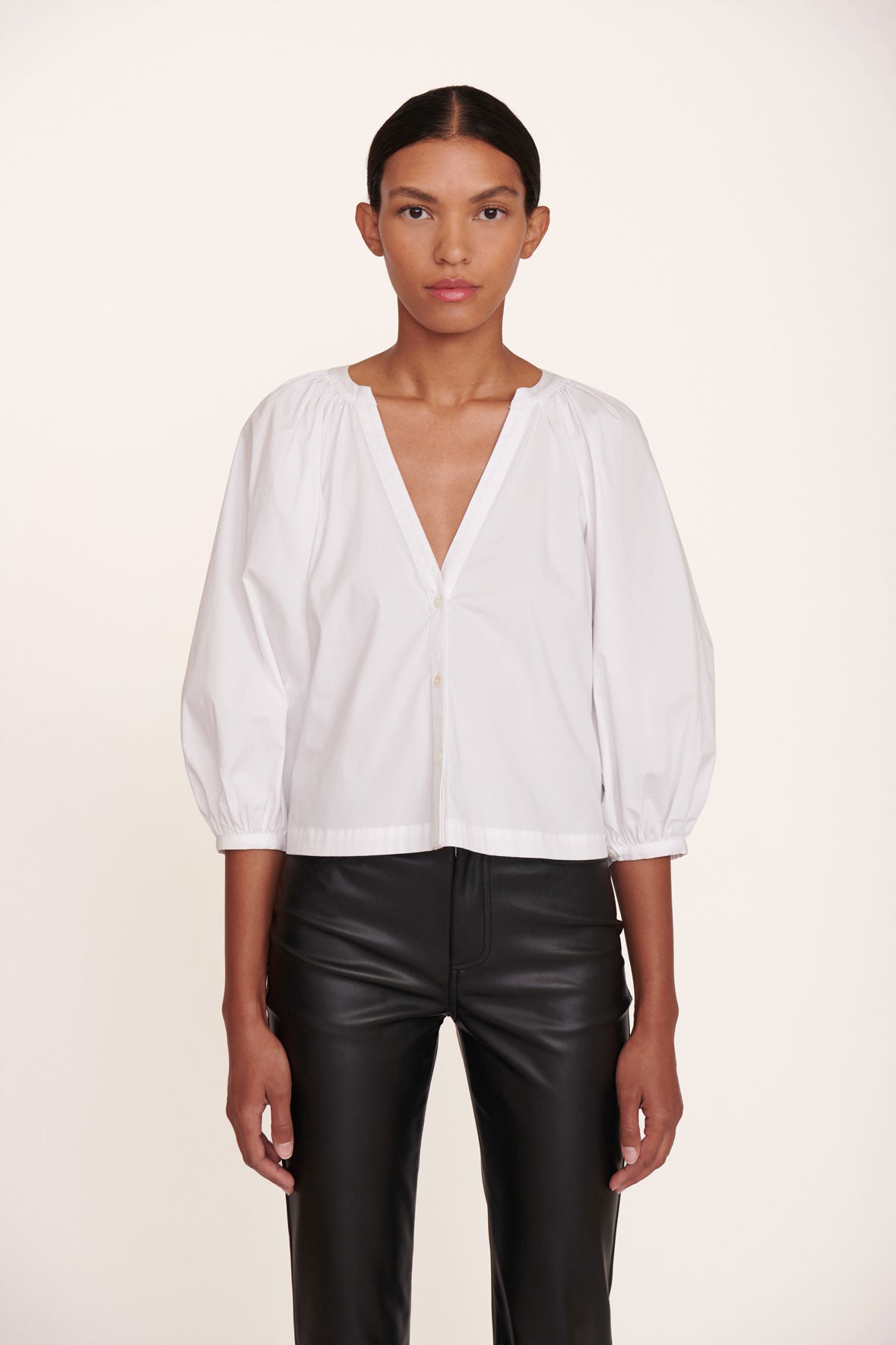 White Cotton Poplin Dill Top with 3/4 Puffed Sleeves